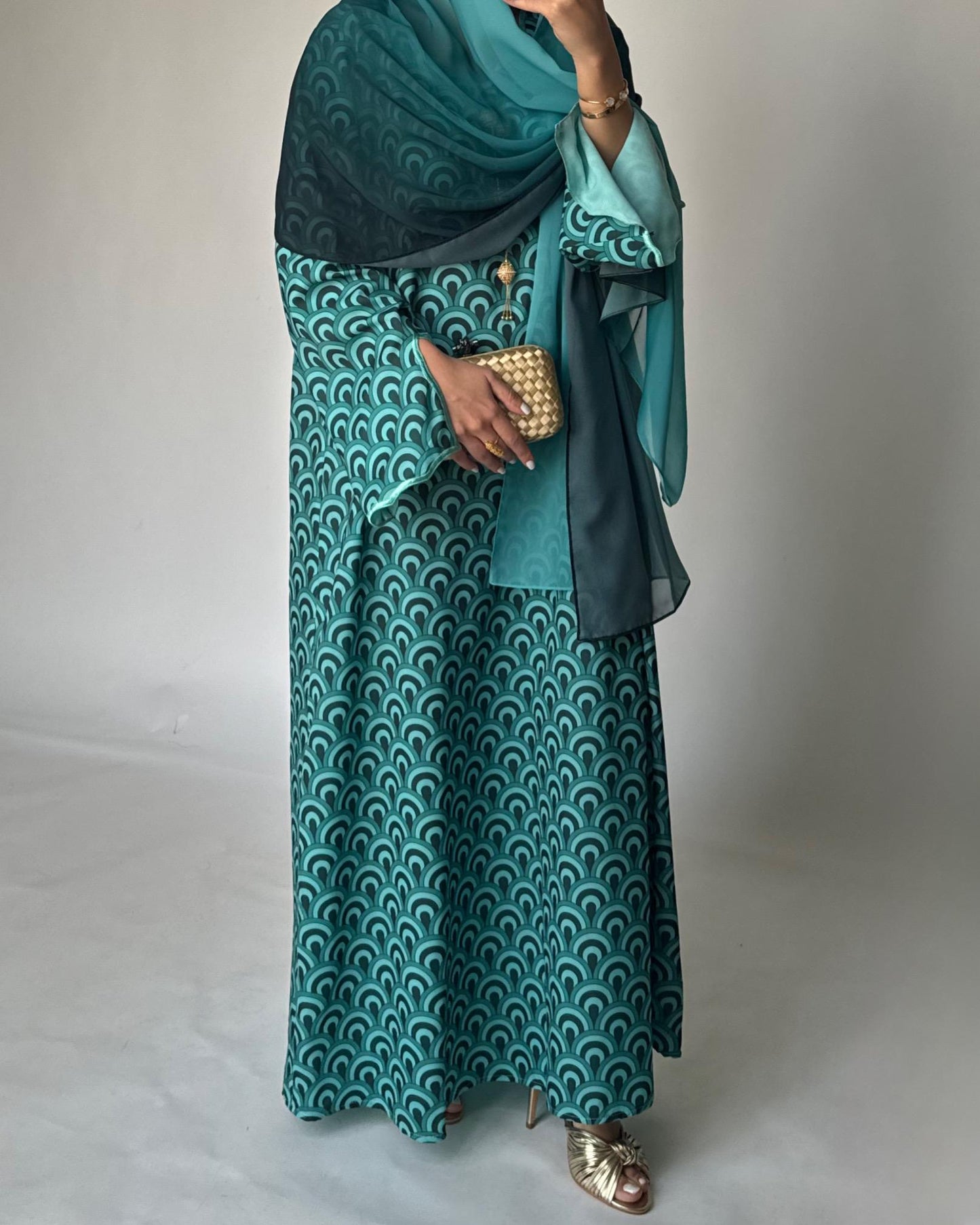 A330 -  Shades of Blue Pattern Jalabiya and Ombre Head Scarf