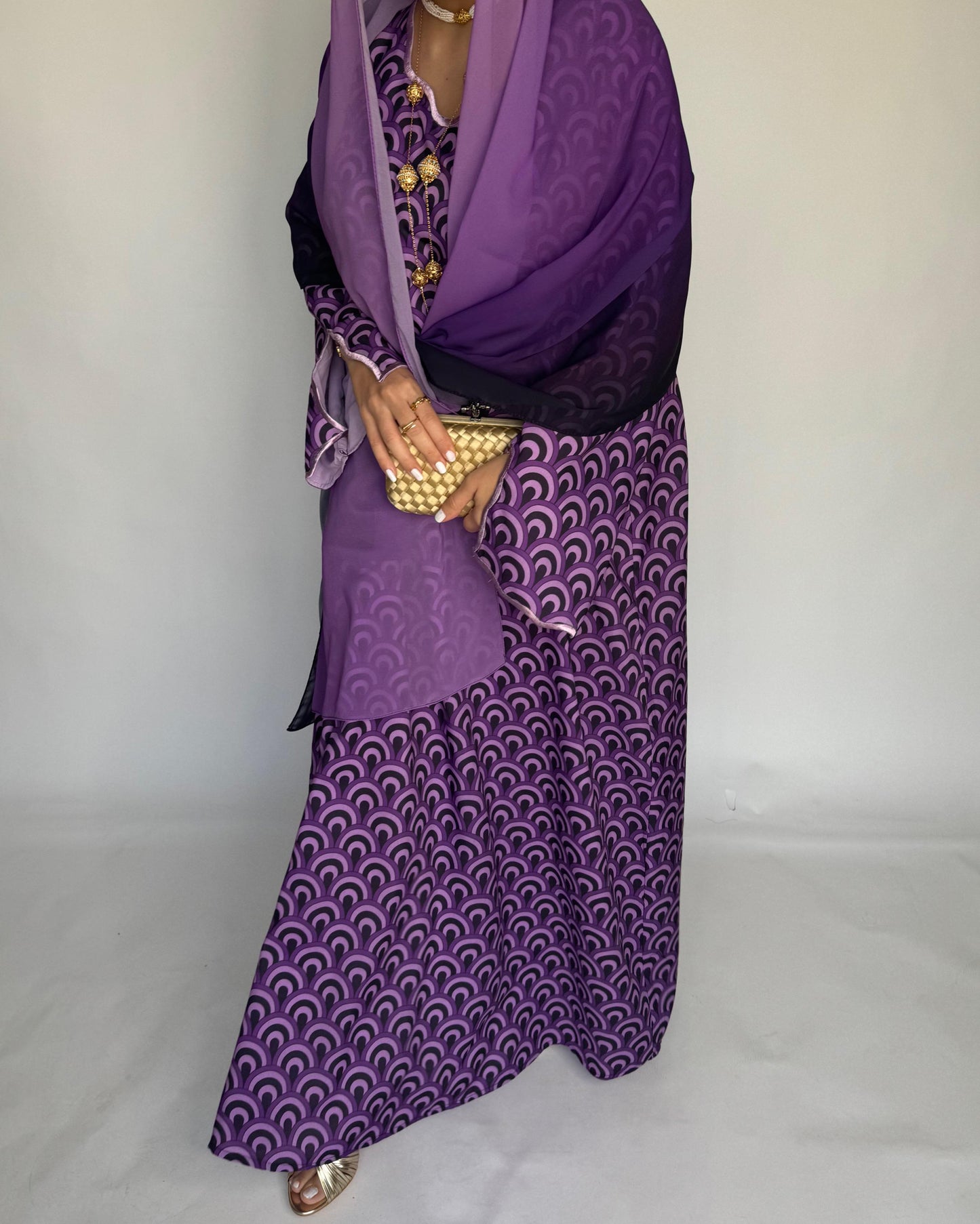 A329 -  Shades of Purple Pattern Jalabiya and Ombre Head Scarf
