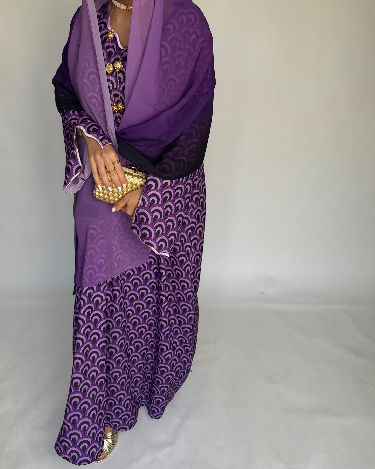 A329 -  Shades of Purple Pattern Jalabiya and Ombre Head Scarf