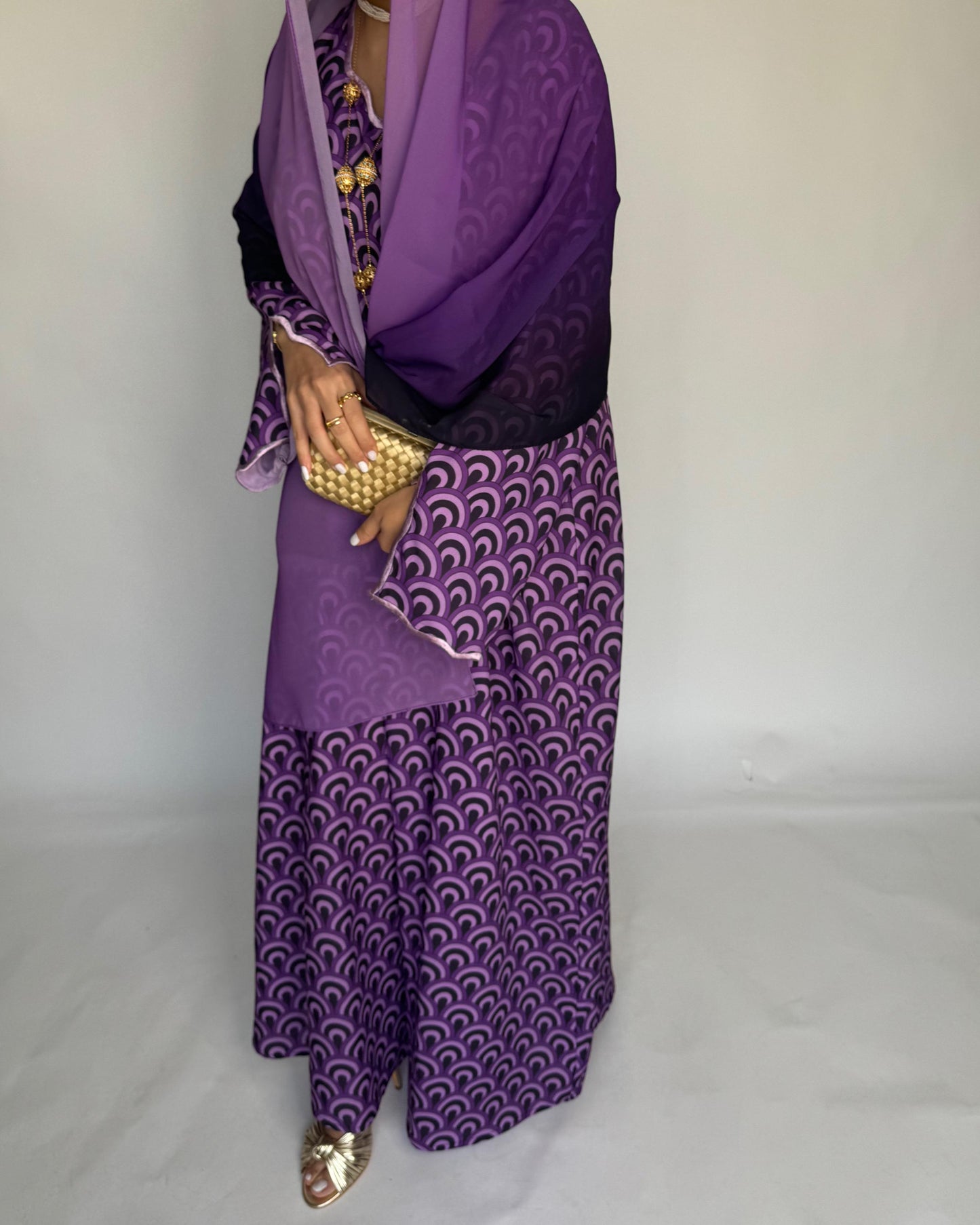 A329 -  Shades of Purple Pattern Jalabiya and Ombre Head Scarf