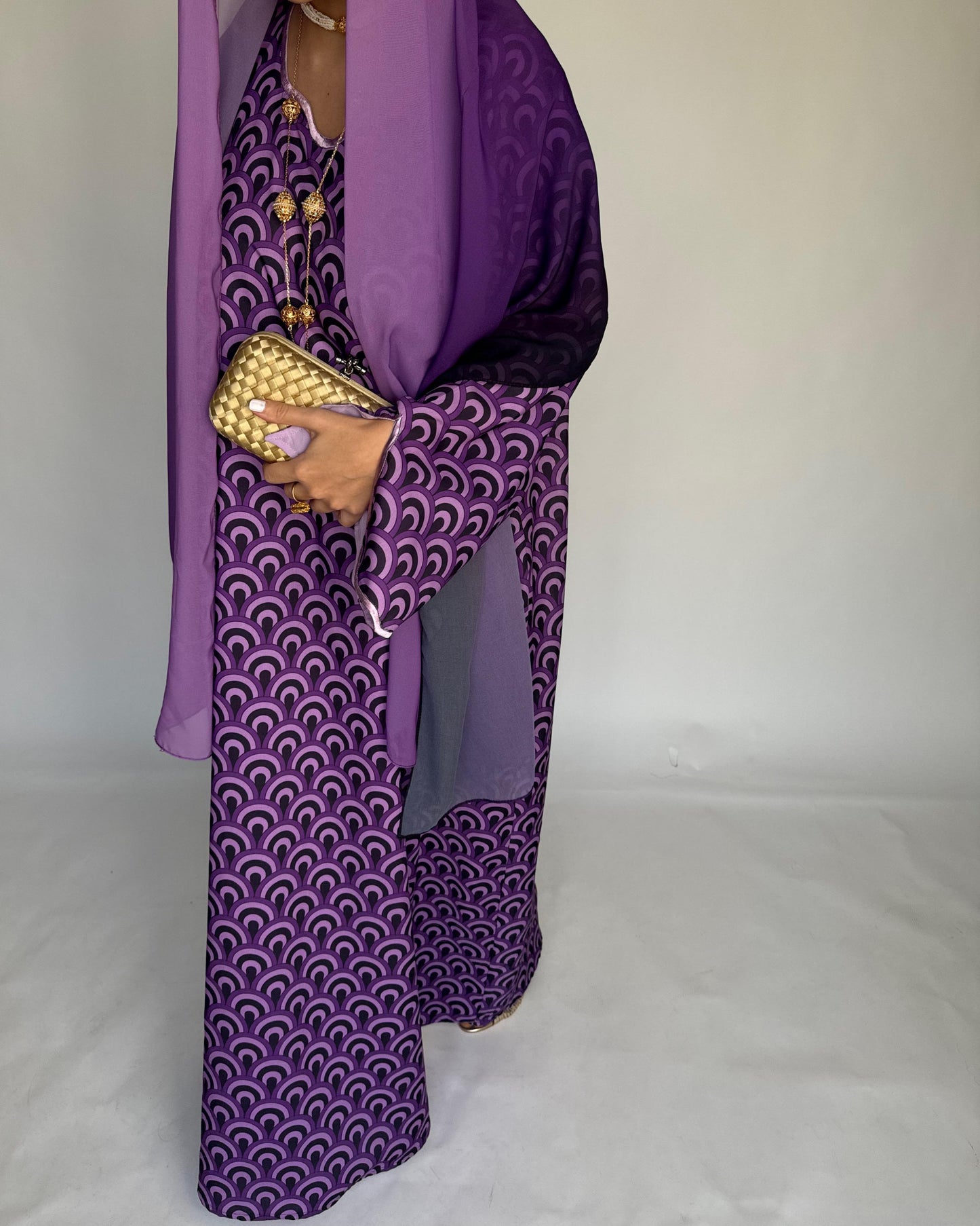 A329 -  Shades of Purple Pattern Jalabiya and Ombre Head Scarf