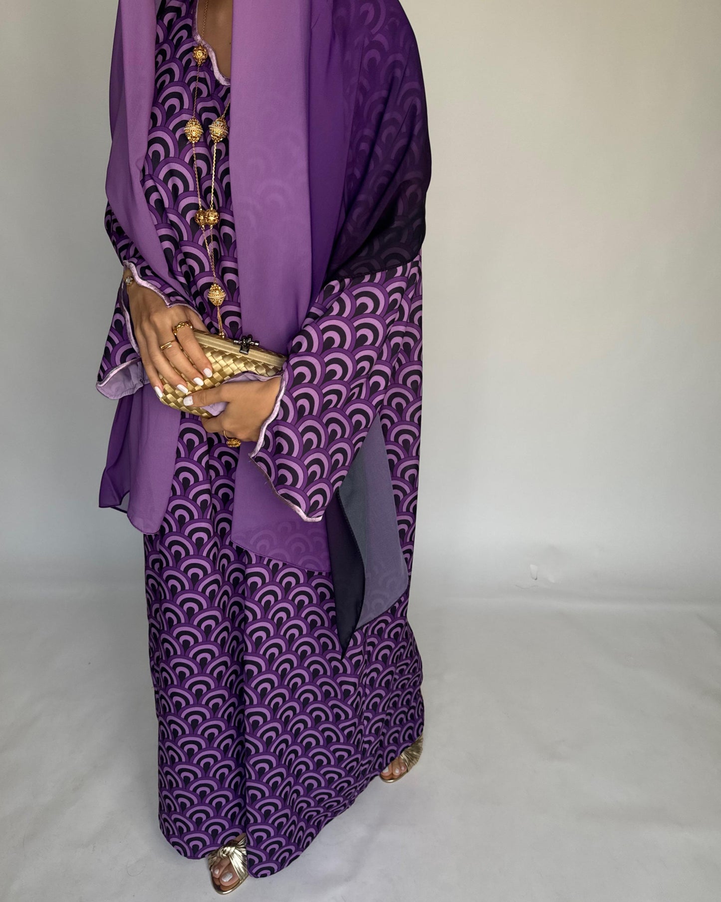 A329 -  Shades of Purple Pattern Jalabiya and Ombre Head Scarf