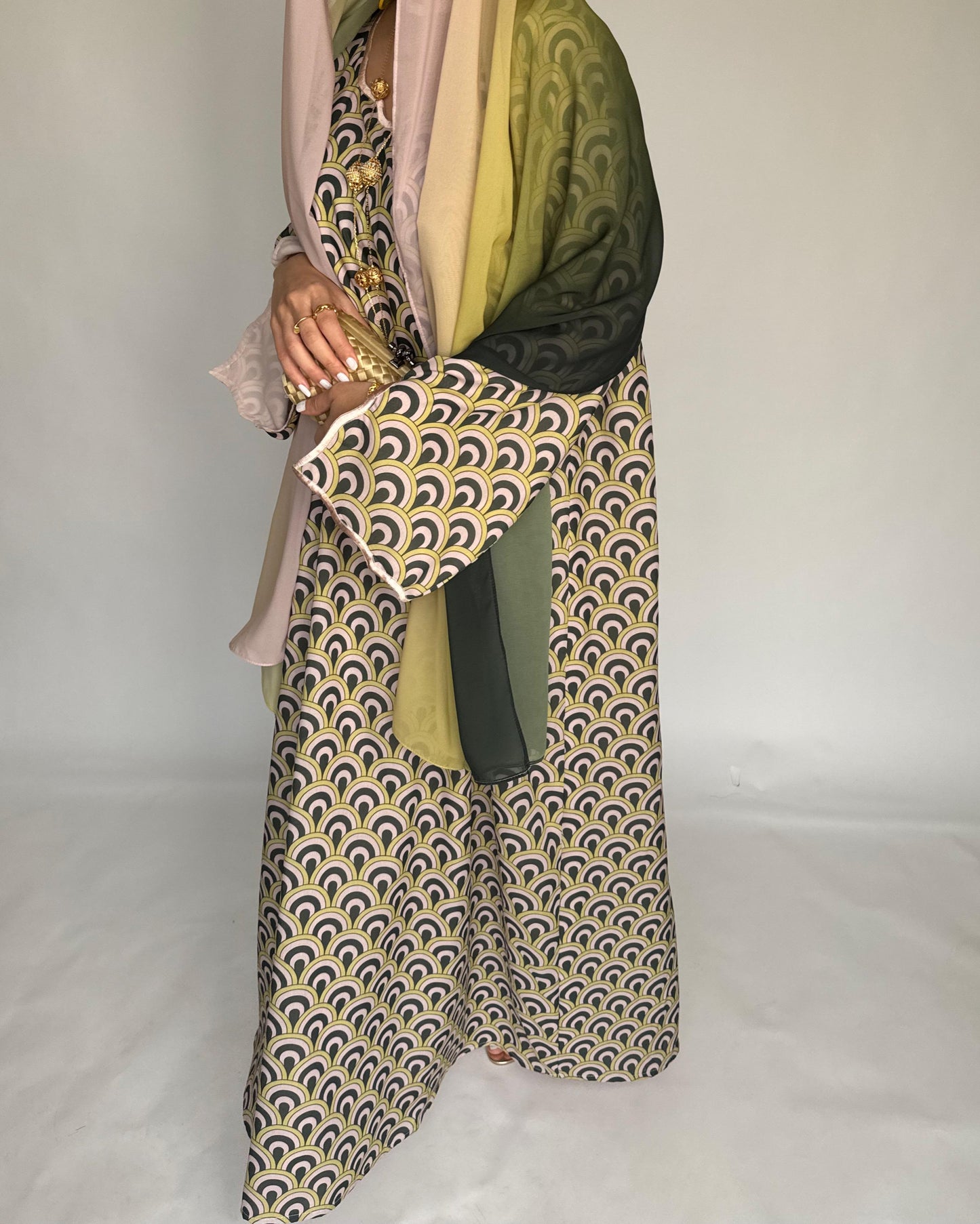 A332 -  Peach & Green Pattern Jalabiya and Ombre Head Scarf