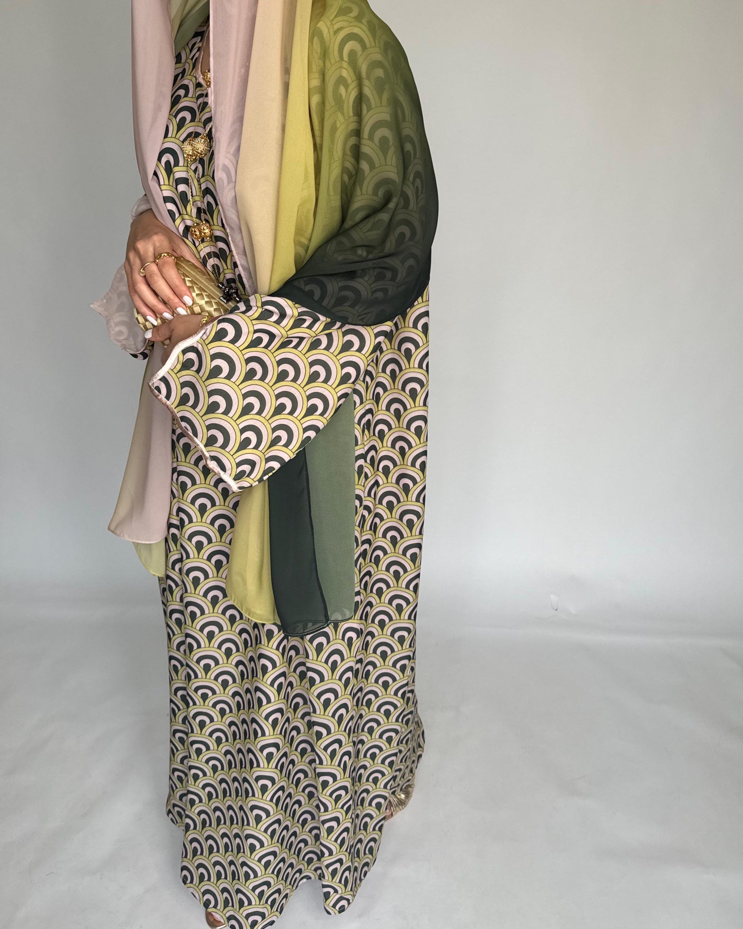 A332 -  Peach & Green Pattern Jalabiya and Ombre Head Scarf