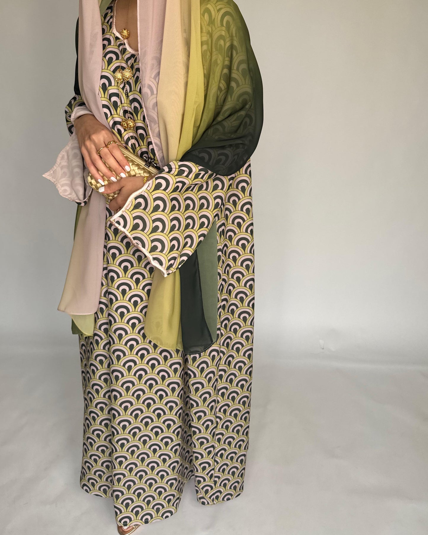 A332 -  Peach & Green Pattern Jalabiya and Ombre Head Scarf