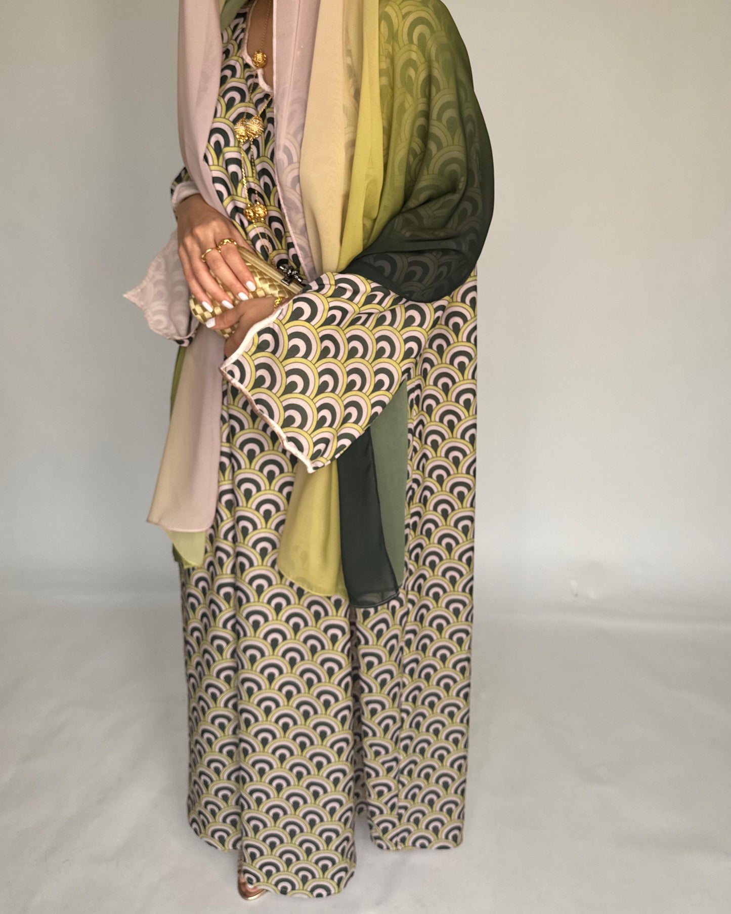 A332 -  Peach & Green Pattern Jalabiya and Ombre Head Scarf