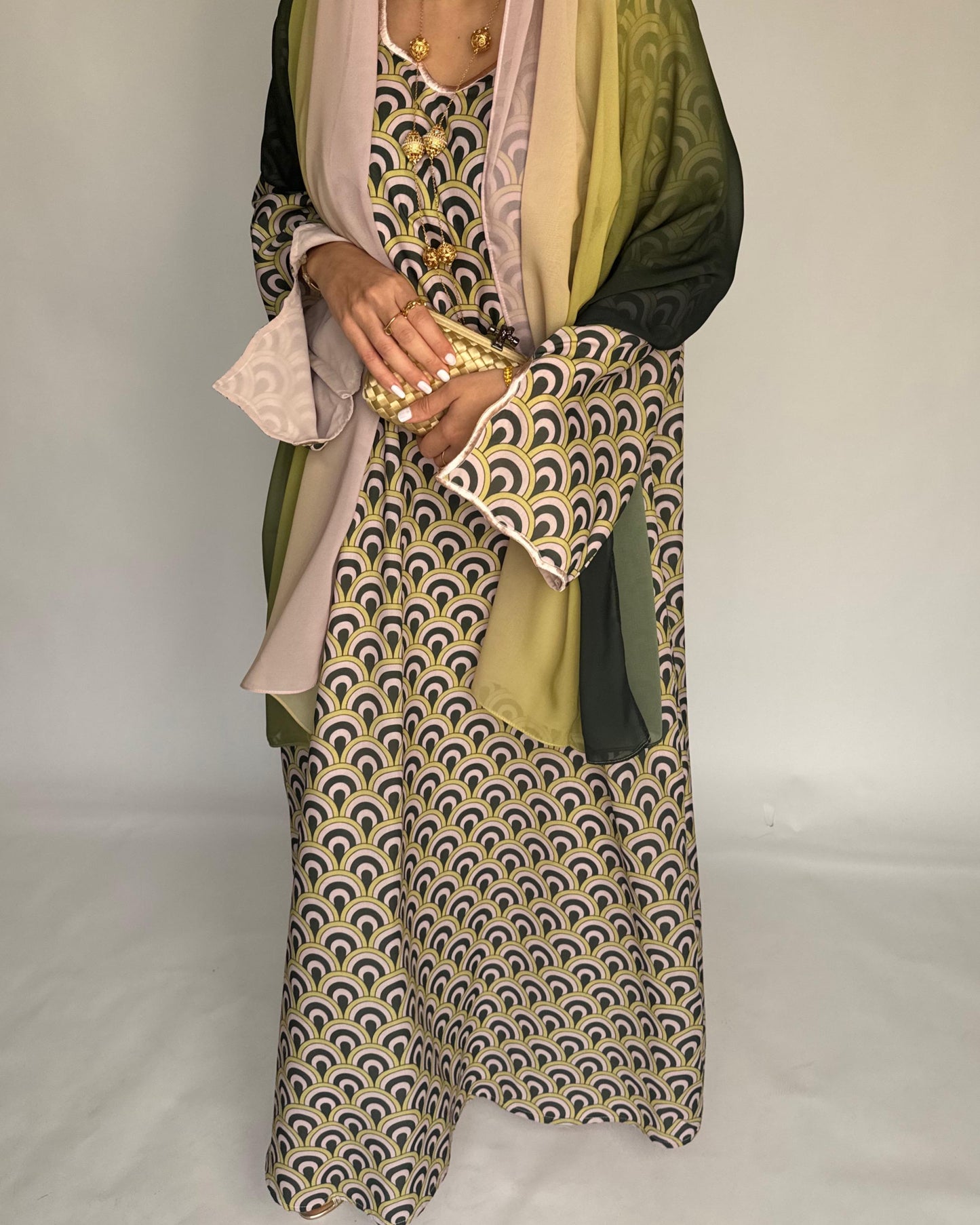 A332 -  Peach & Green Pattern Jalabiya and Ombre Head Scarf