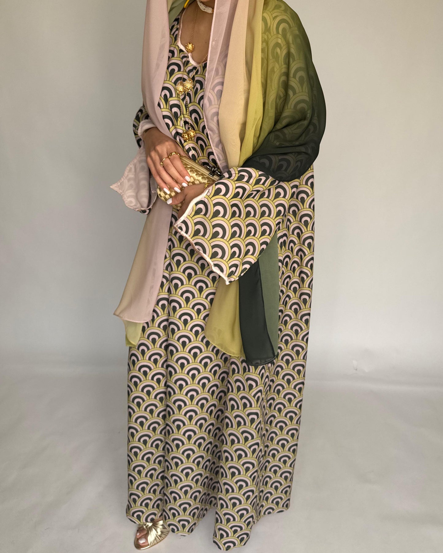 A332 -  Peach & Green Pattern Jalabiya and Ombre Head Scarf