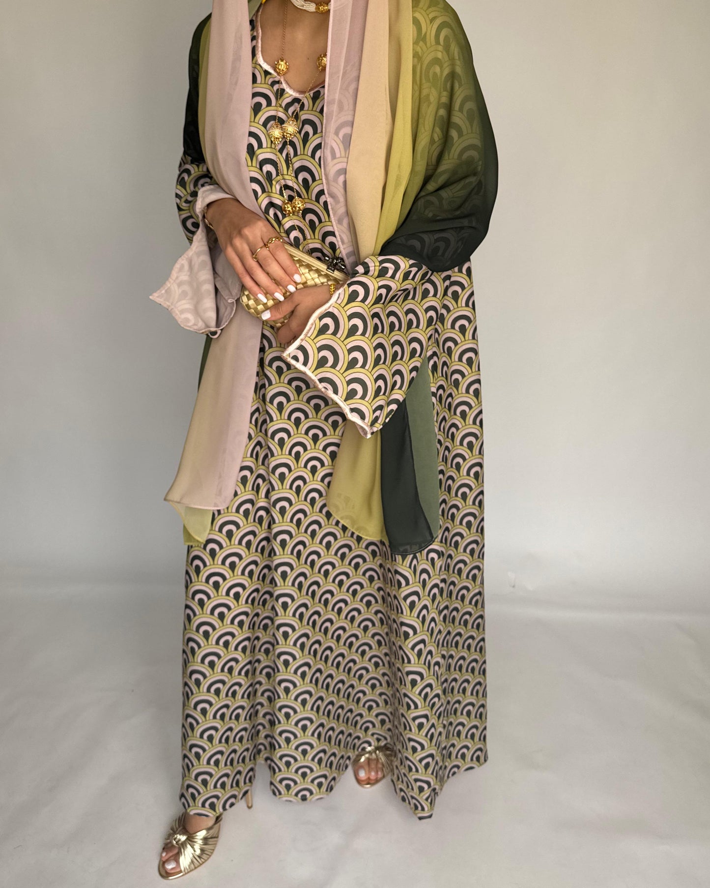 A332 -  Peach & Green Pattern Jalabiya and Ombre Head Scarf