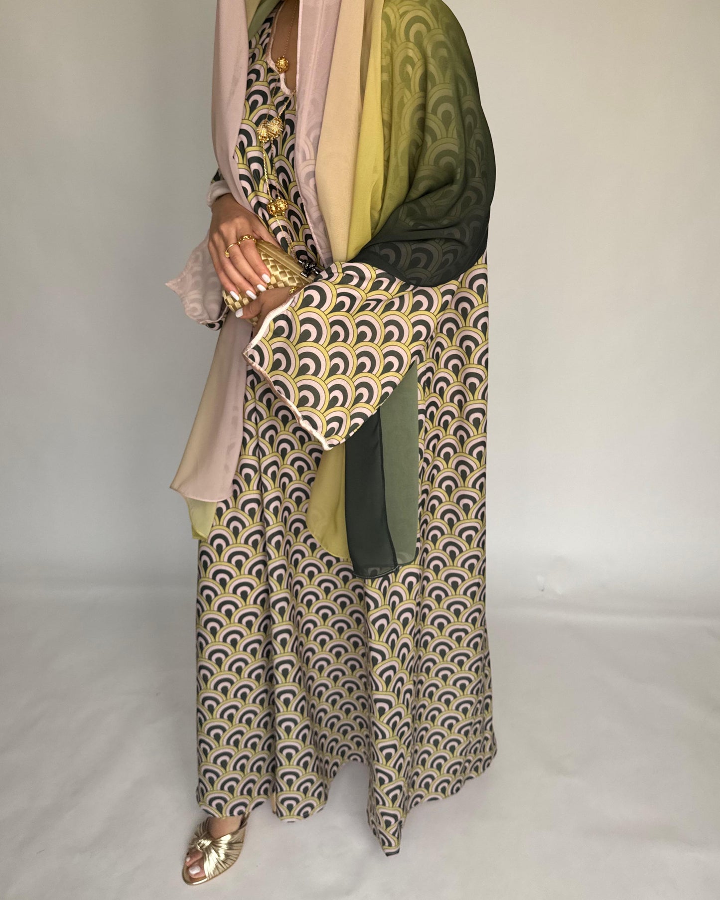 A332 -  Peach & Green Pattern Jalabiya and Ombre Head Scarf