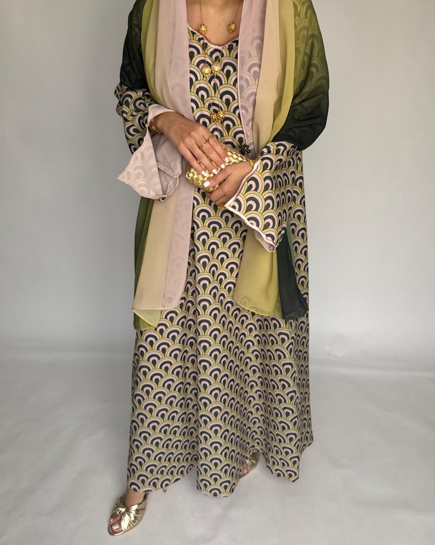 A332 -  Peach & Green Pattern Jalabiya and Ombre Head Scarf