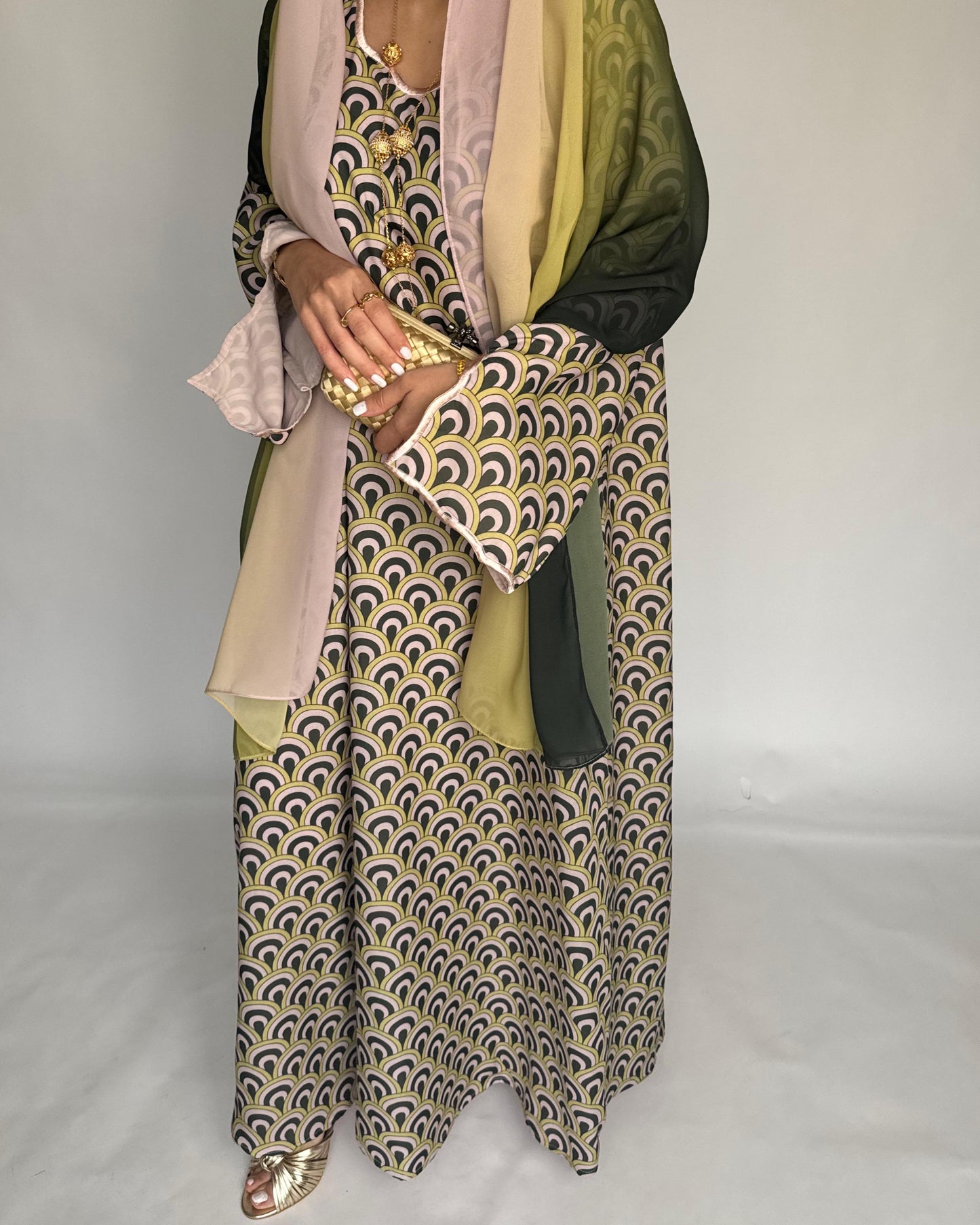 A332 -  Peach & Green Pattern Jalabiya and Ombre Head Scarf
