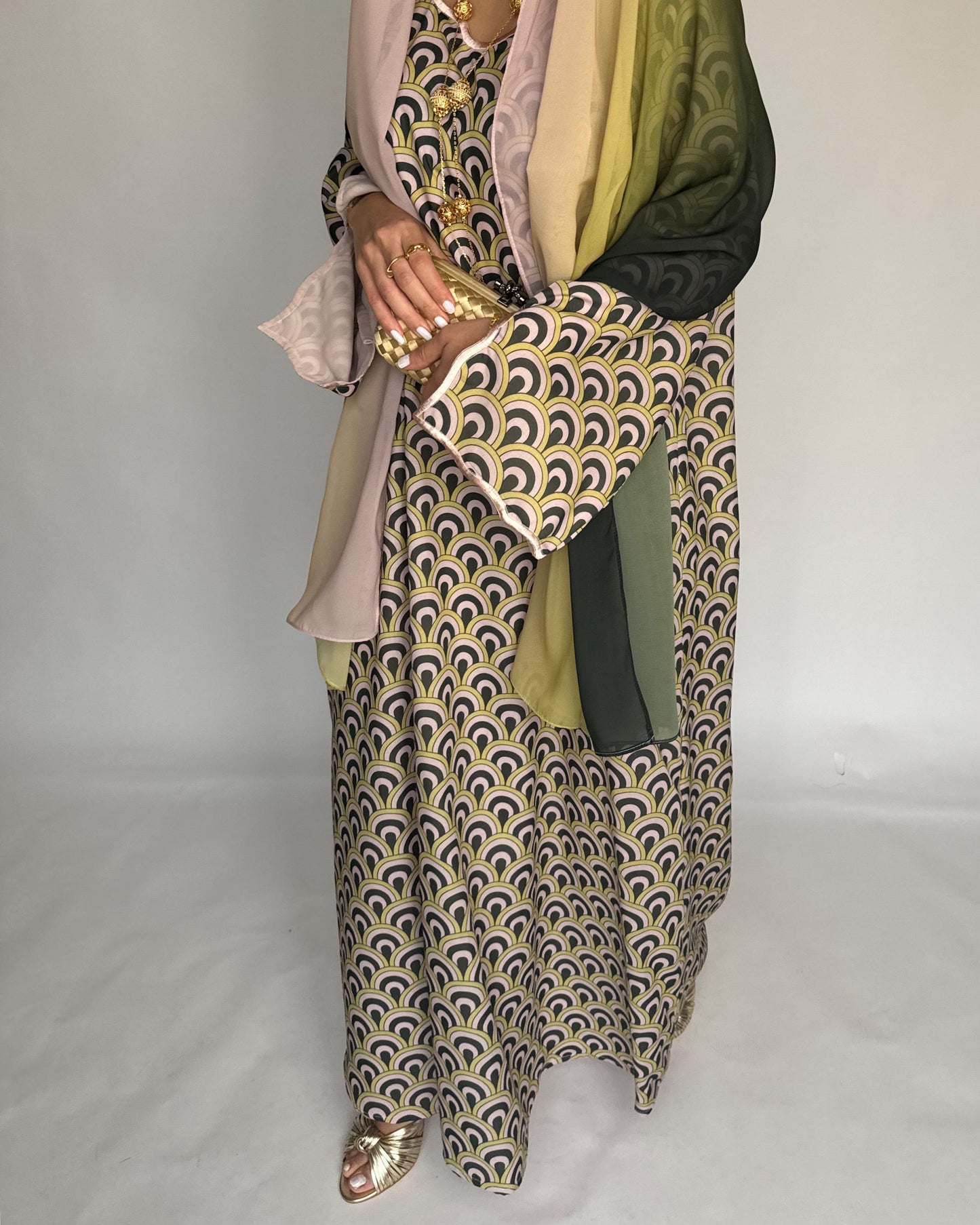 A332 -  Peach & Green Pattern Jalabiya and Ombre Head Scarf