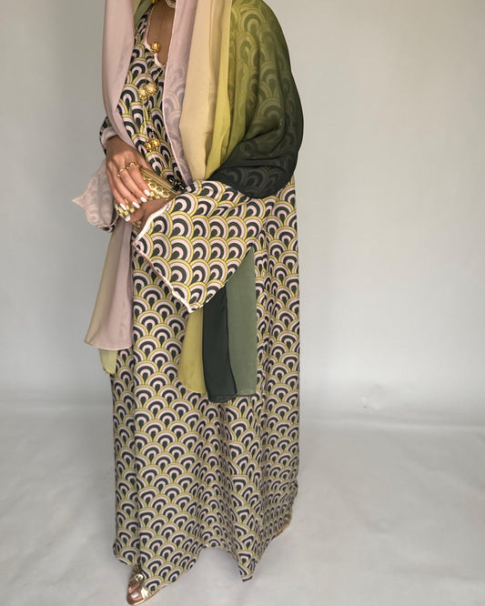 A332 -  Peach & Green Pattern Jalabiya and Ombre Head Scarf