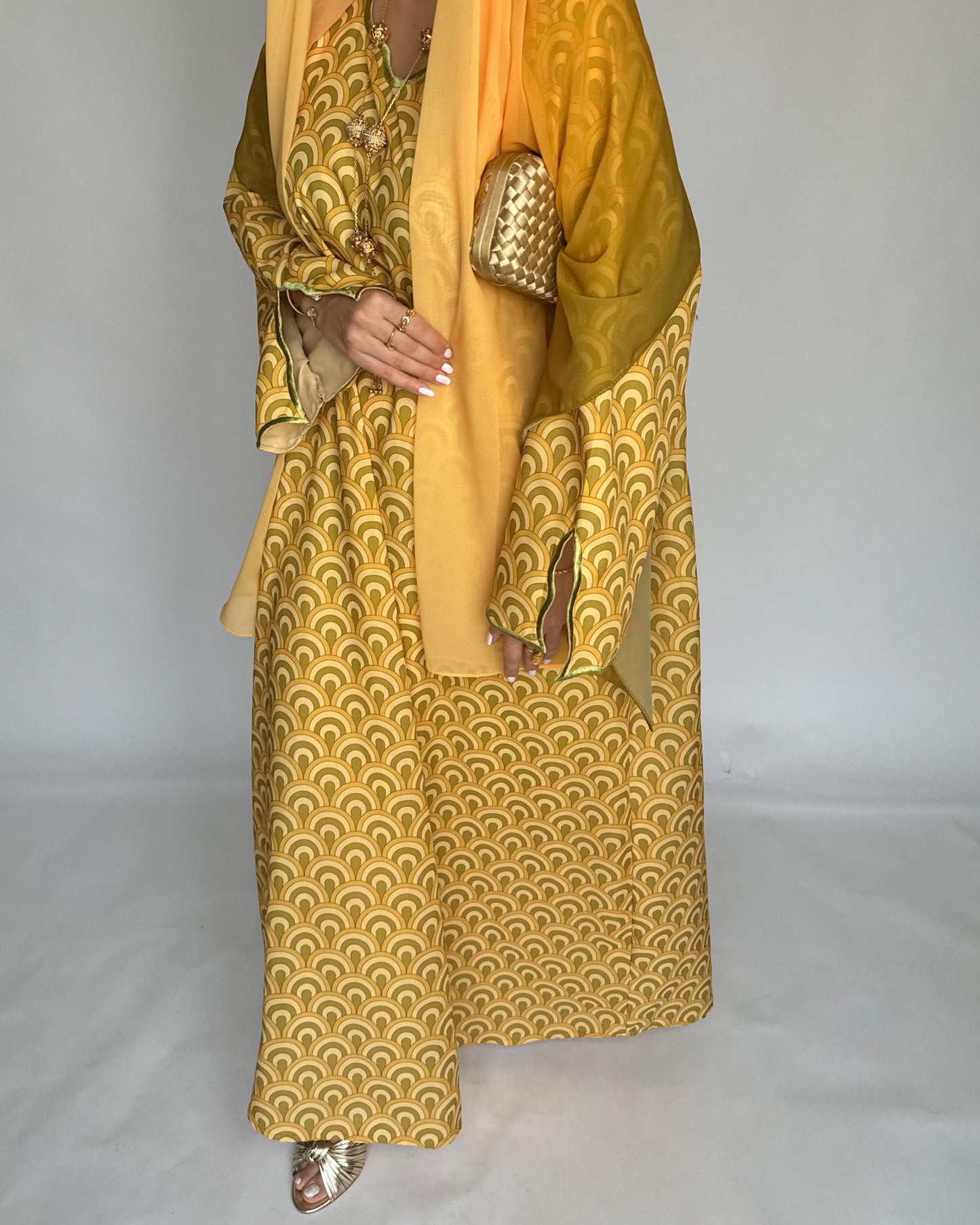 A331 -  Yellow & Green Pattern Jalabiya and Ombre Head Scarf (READY TO SHIP)