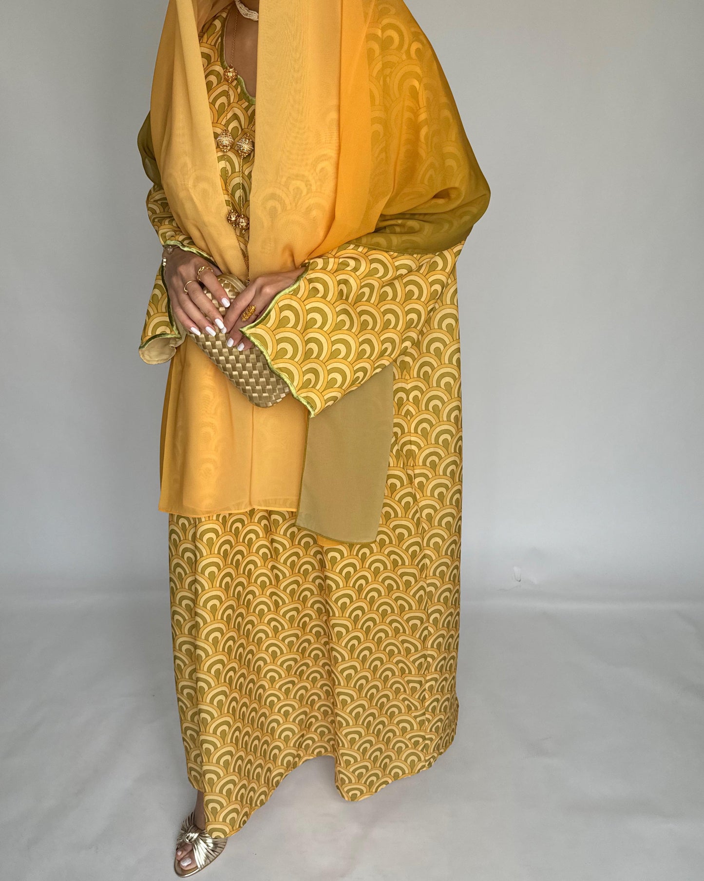 A331 -  Yellow & Green Pattern Jalabiya and Ombre Head Scarf (READY TO SHIP)