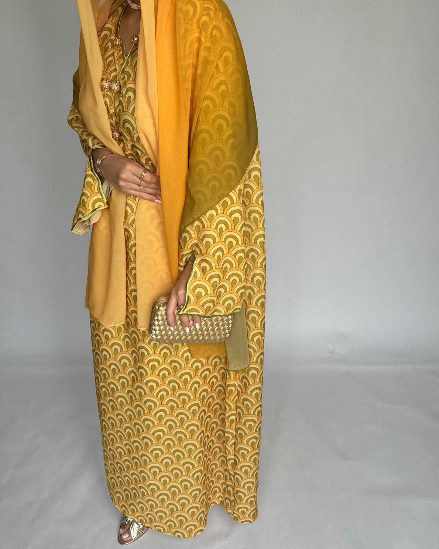 A331 -  Yellow & Green Pattern Jalabiya and Ombre Head Scarf (READY TO SHIP)