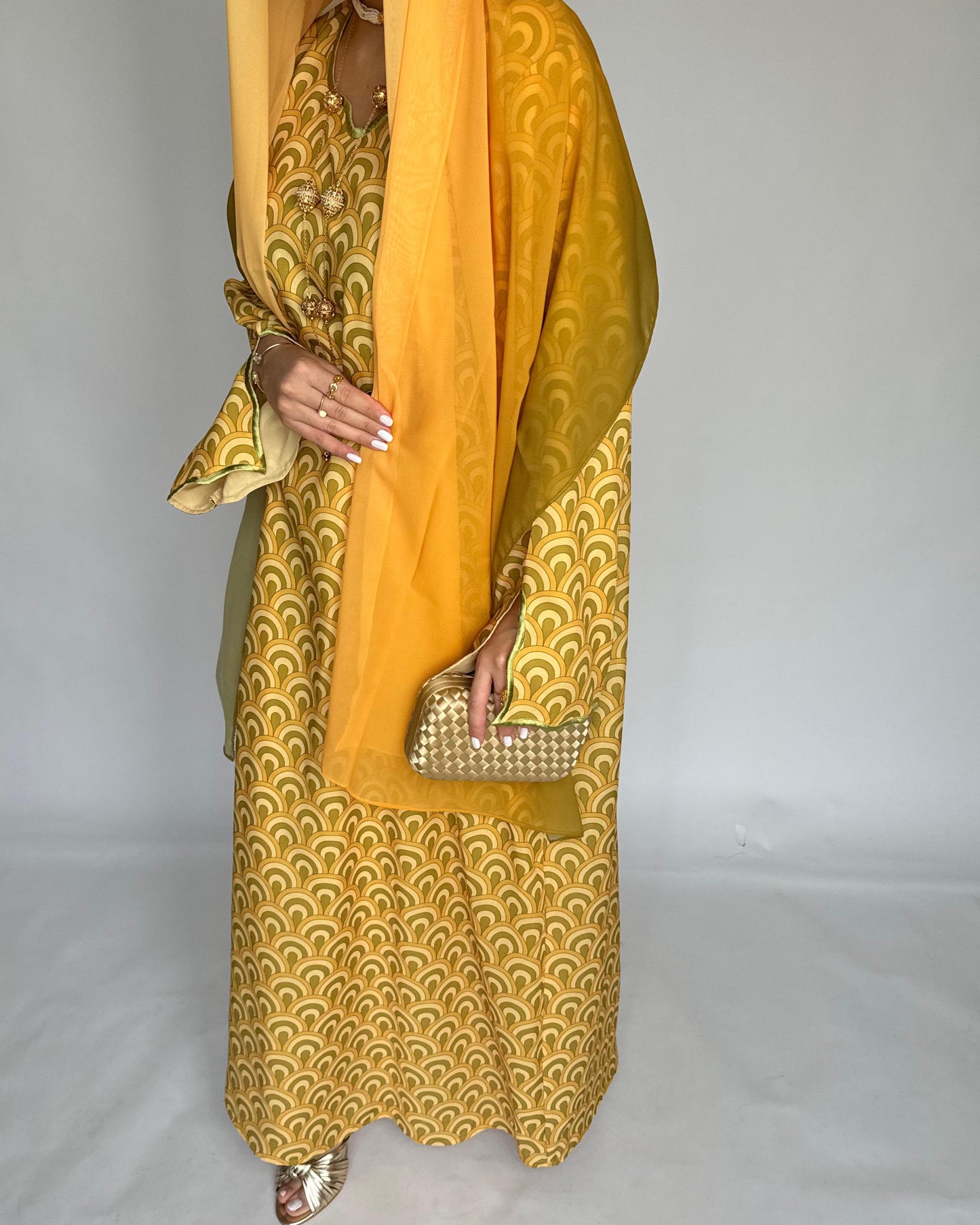 A331 -  Yellow & Green Pattern Jalabiya and Ombre Head Scarf (READY TO SHIP)