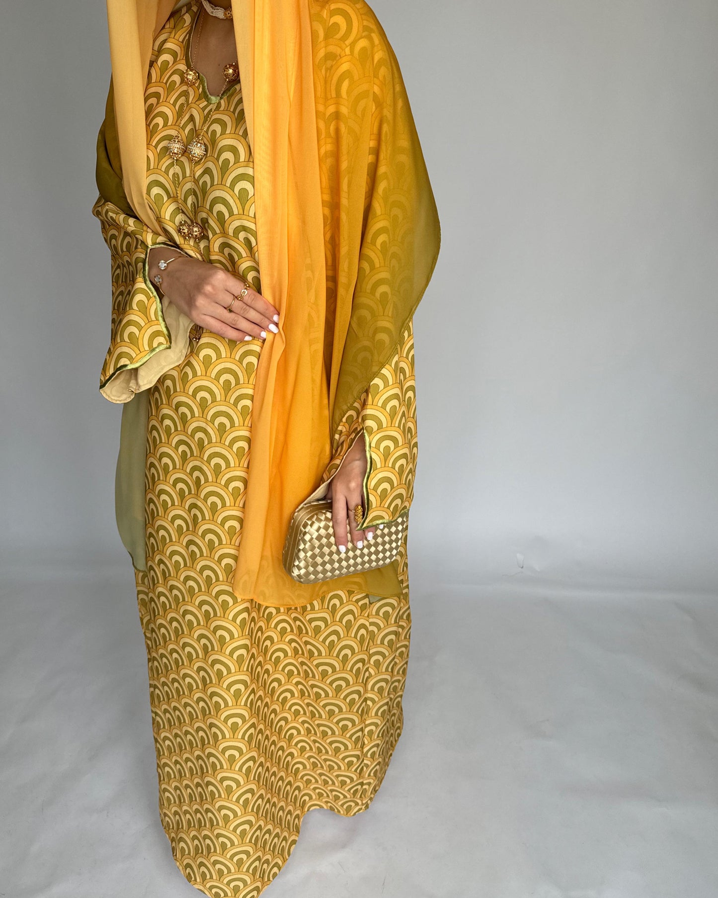 A331 -  Yellow & Green Pattern Jalabiya and Ombre Head Scarf (READY TO SHIP)