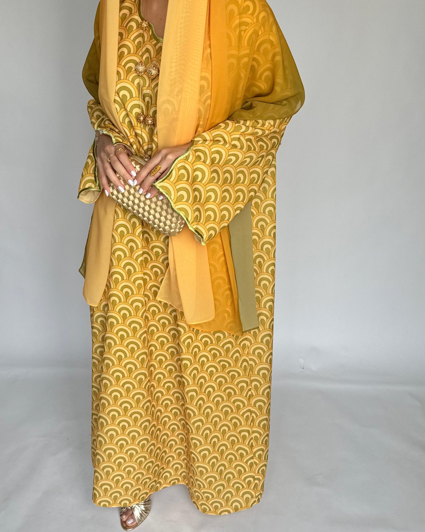 A331 -  Yellow & Green Pattern Jalabiya and Ombre Head Scarf (READY TO SHIP)