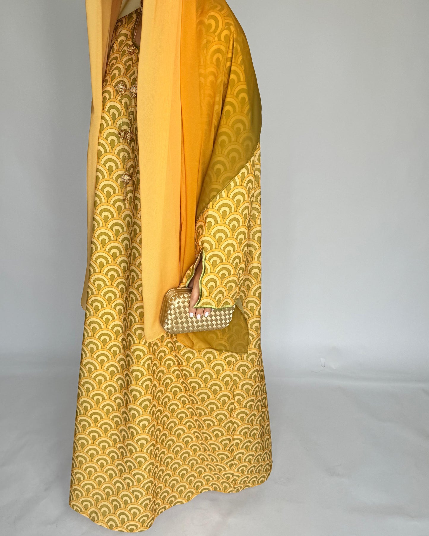 A331 -  Yellow & Green Pattern Jalabiya and Ombre Head Scarf (READY TO SHIP)