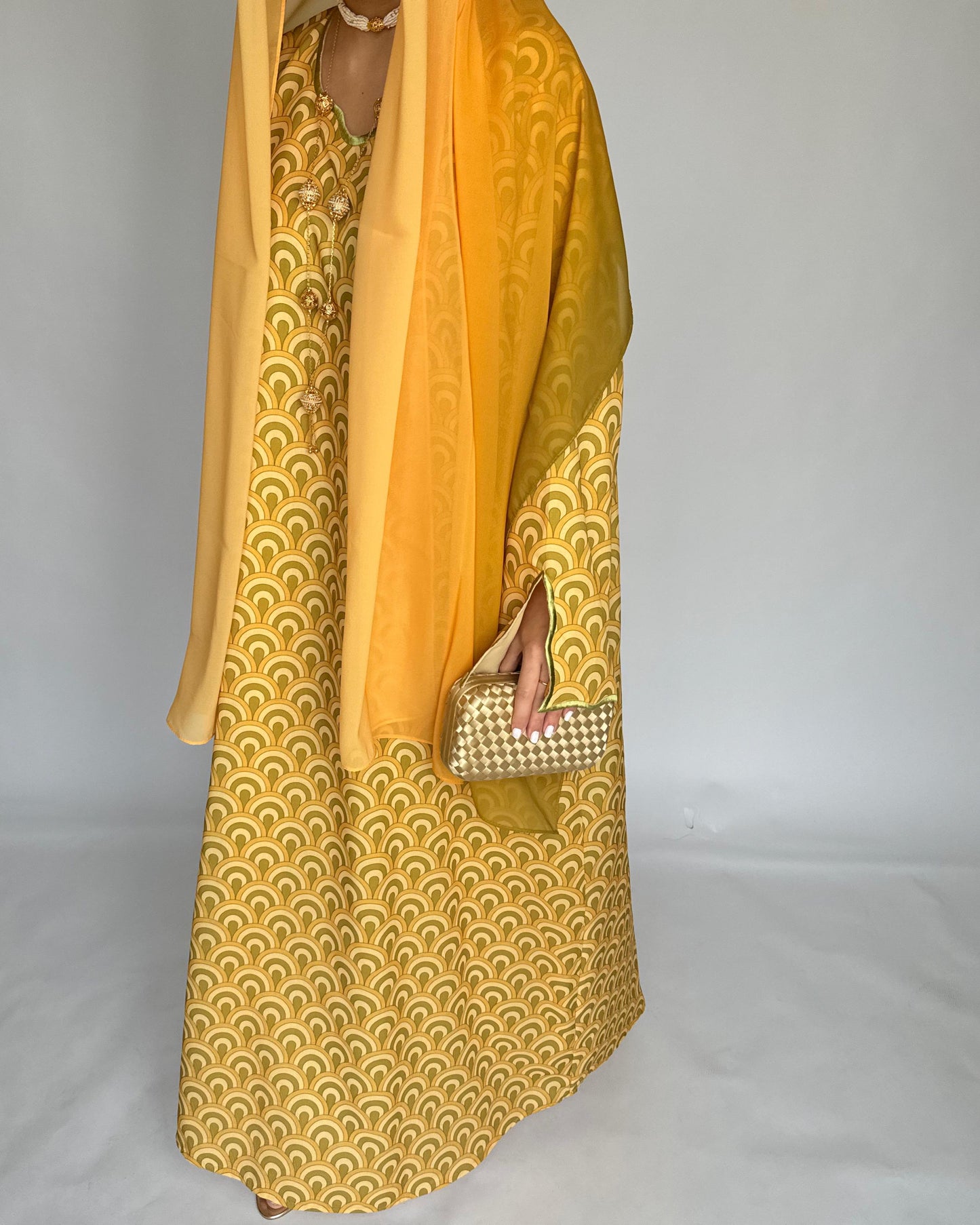 A331 -  Yellow & Green Pattern Jalabiya and Ombre Head Scarf (READY TO SHIP)