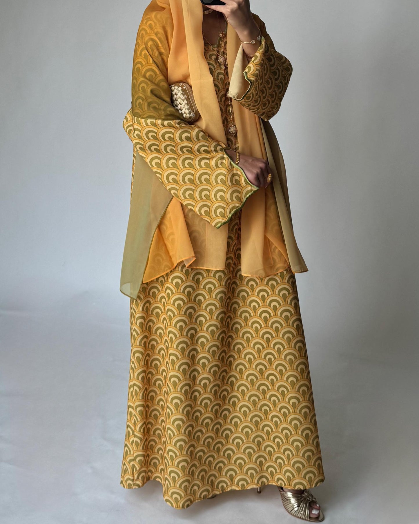 A331 -  Yellow & Green Pattern Jalabiya and Ombre Head Scarf (READY TO SHIP)