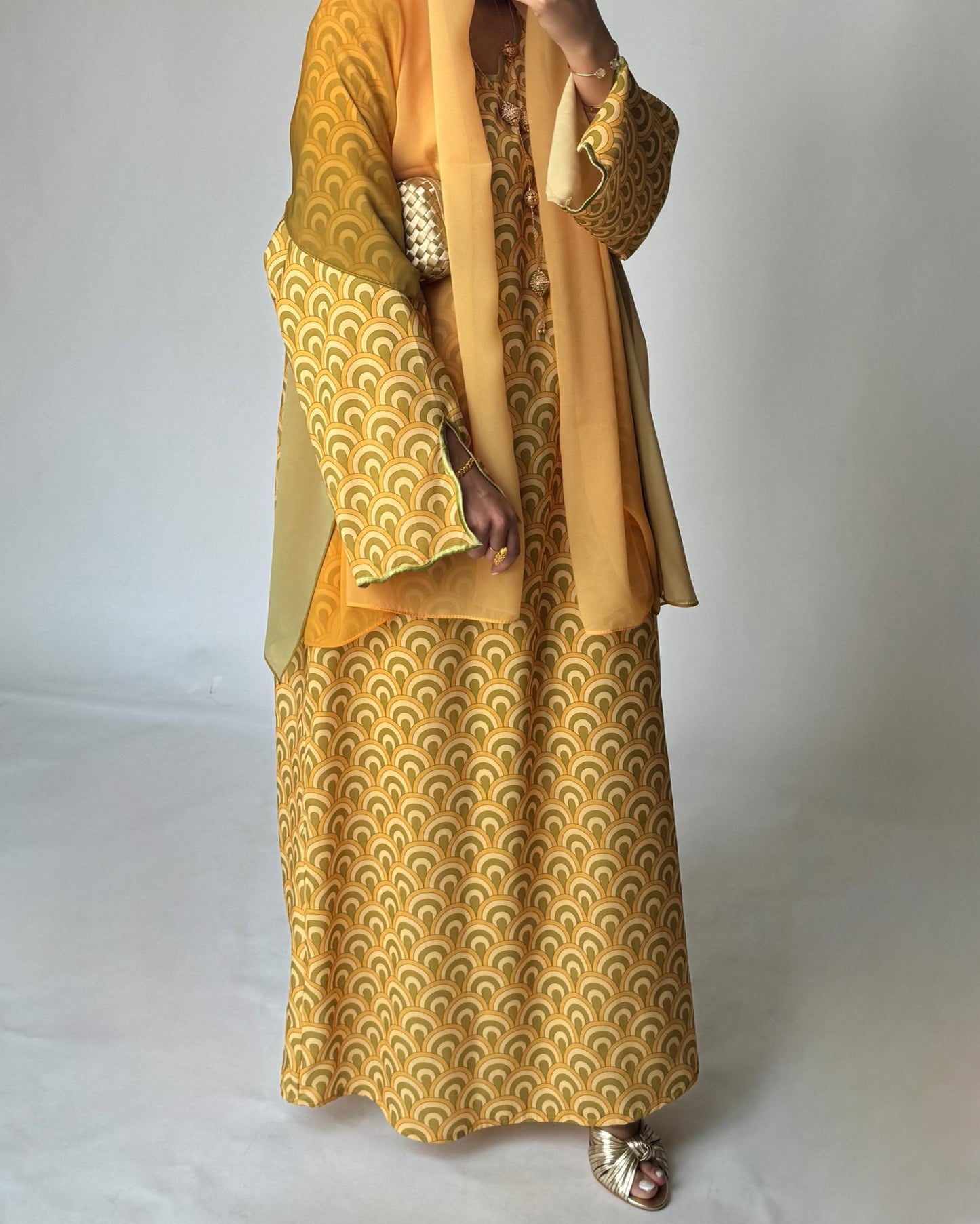 A331 -  Yellow & Green Pattern Jalabiya and Ombre Head Scarf (READY TO SHIP)