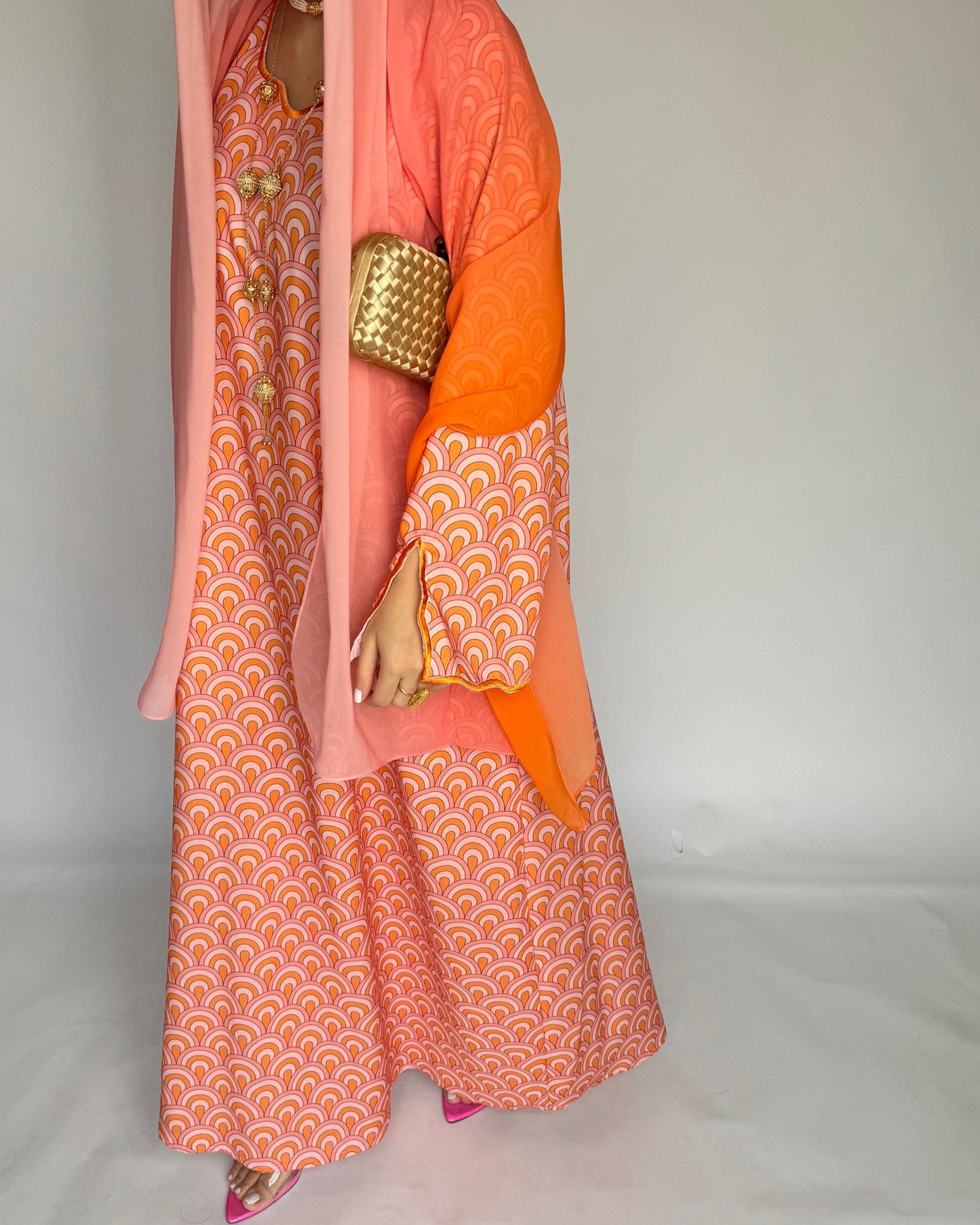 A333 -  Pink & Orange Pattern Jalabiya and Ombre Head Scarf