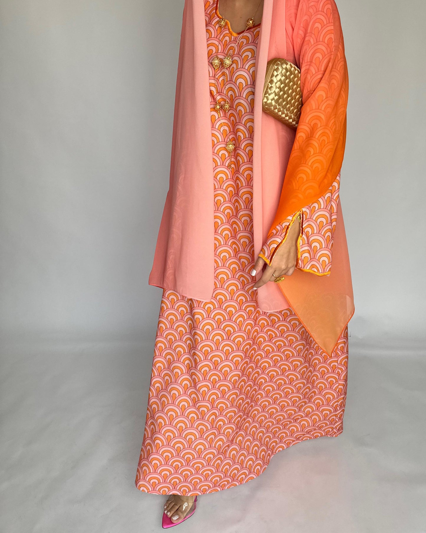 A333 -  Pink & Orange Pattern Jalabiya and Ombre Head Scarf