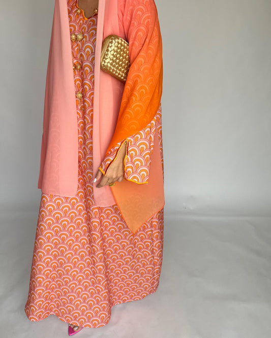 A333 -  Pink & Orange Pattern Jalabiya and Ombre Head Scarf