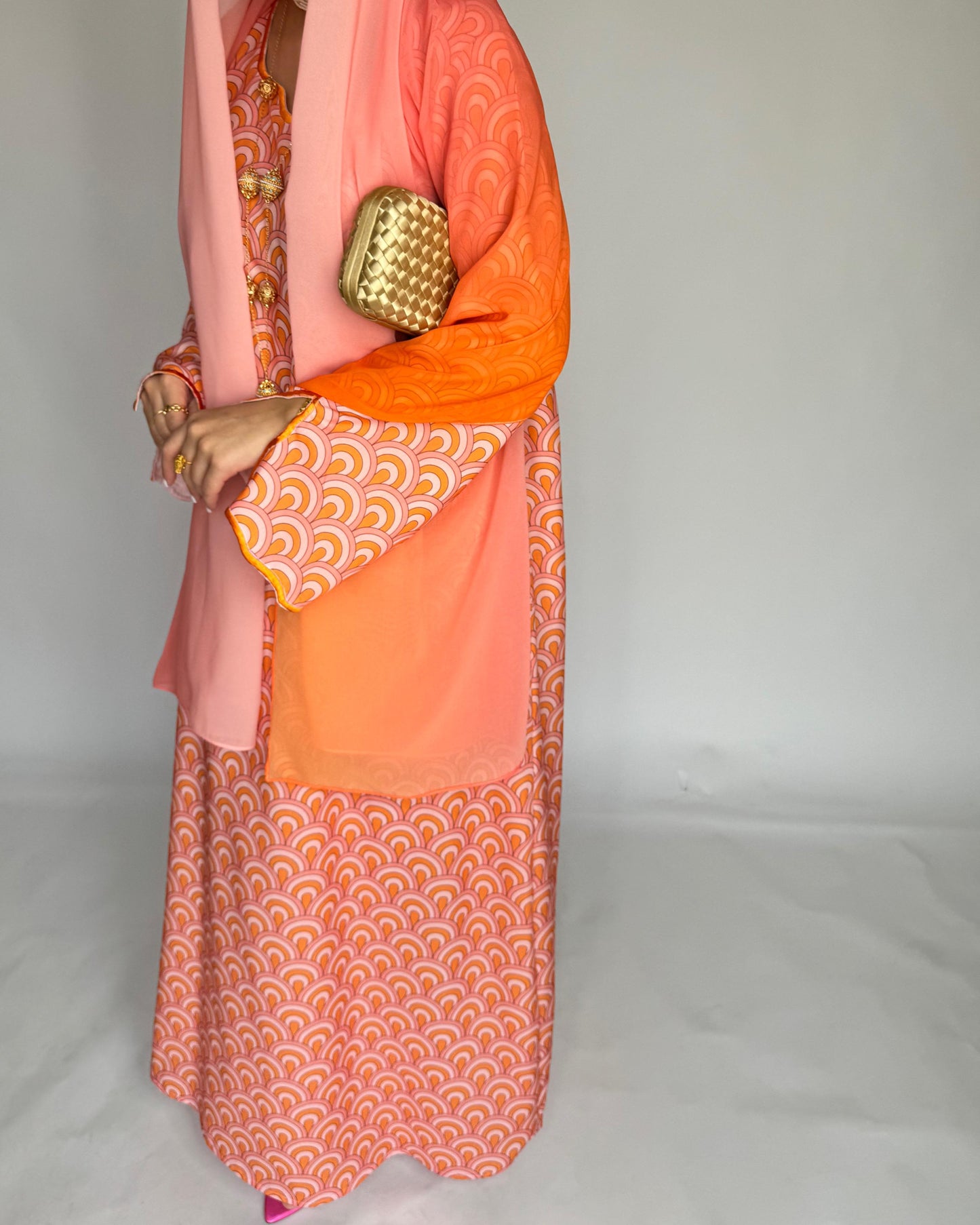 A333 -  Pink & Orange Pattern Jalabiya and Ombre Head Scarf
