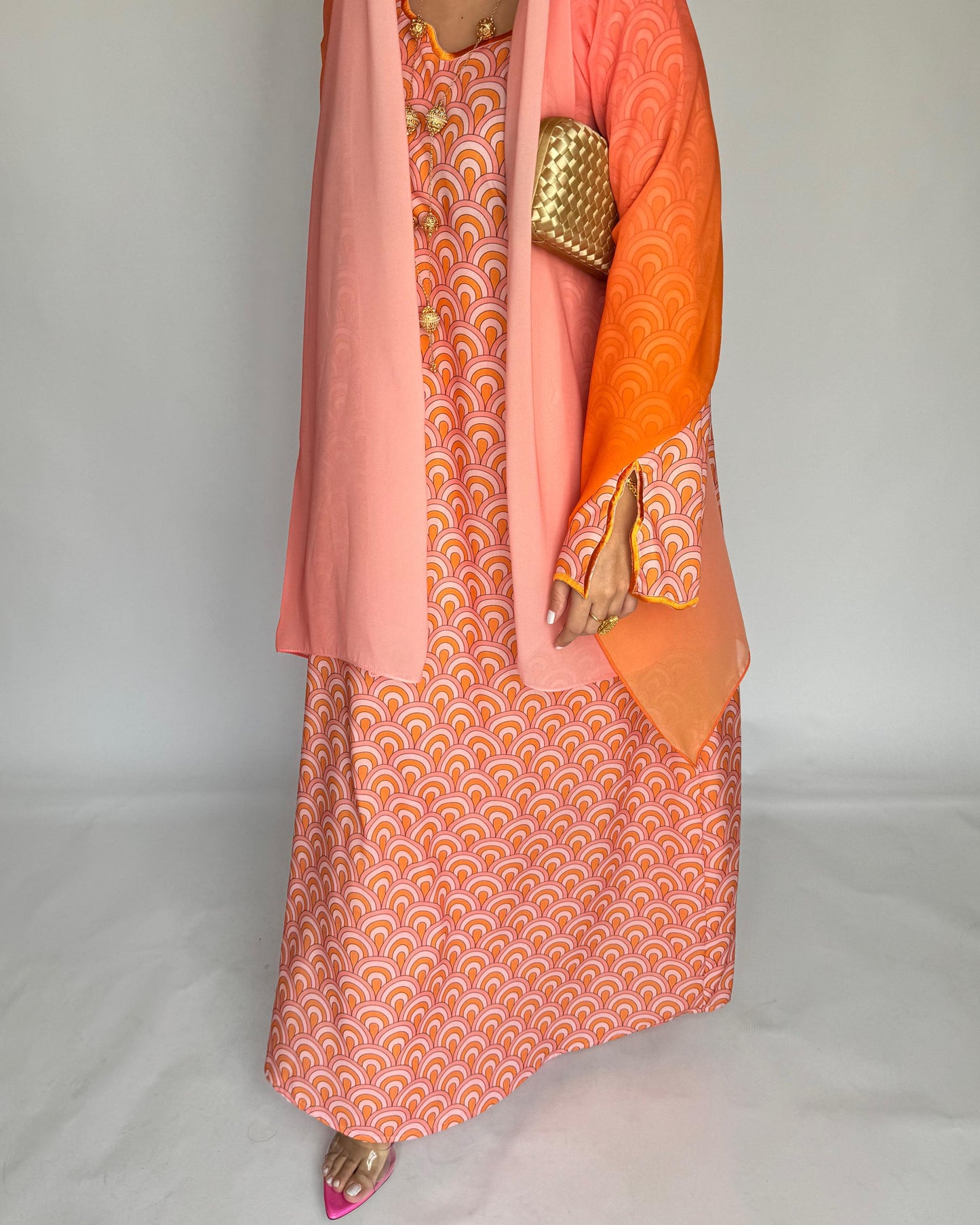 A333 -  Pink & Orange Pattern Jalabiya and Ombre Head Scarf