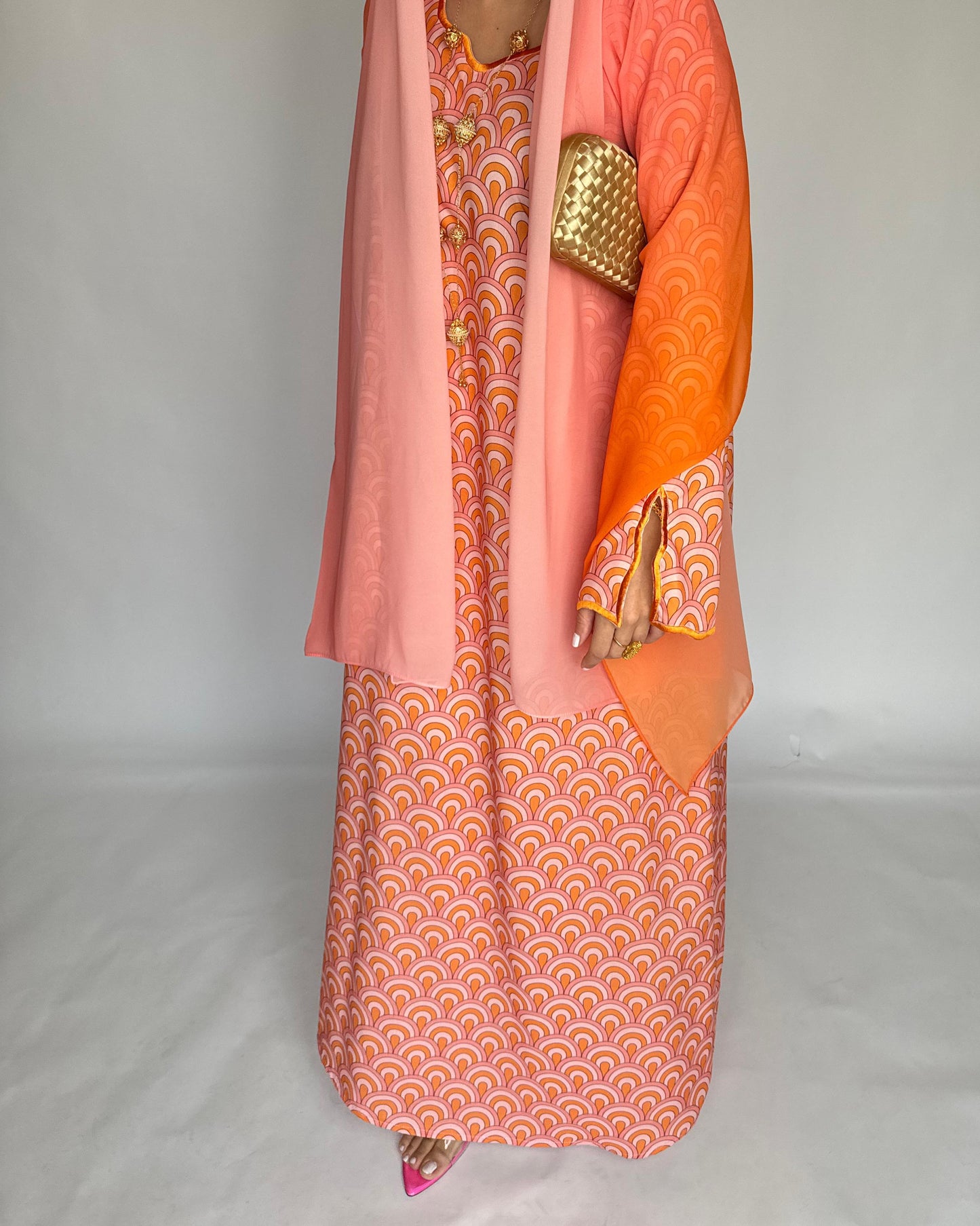 A333 -  Pink & Orange Pattern Jalabiya and Ombre Head Scarf
