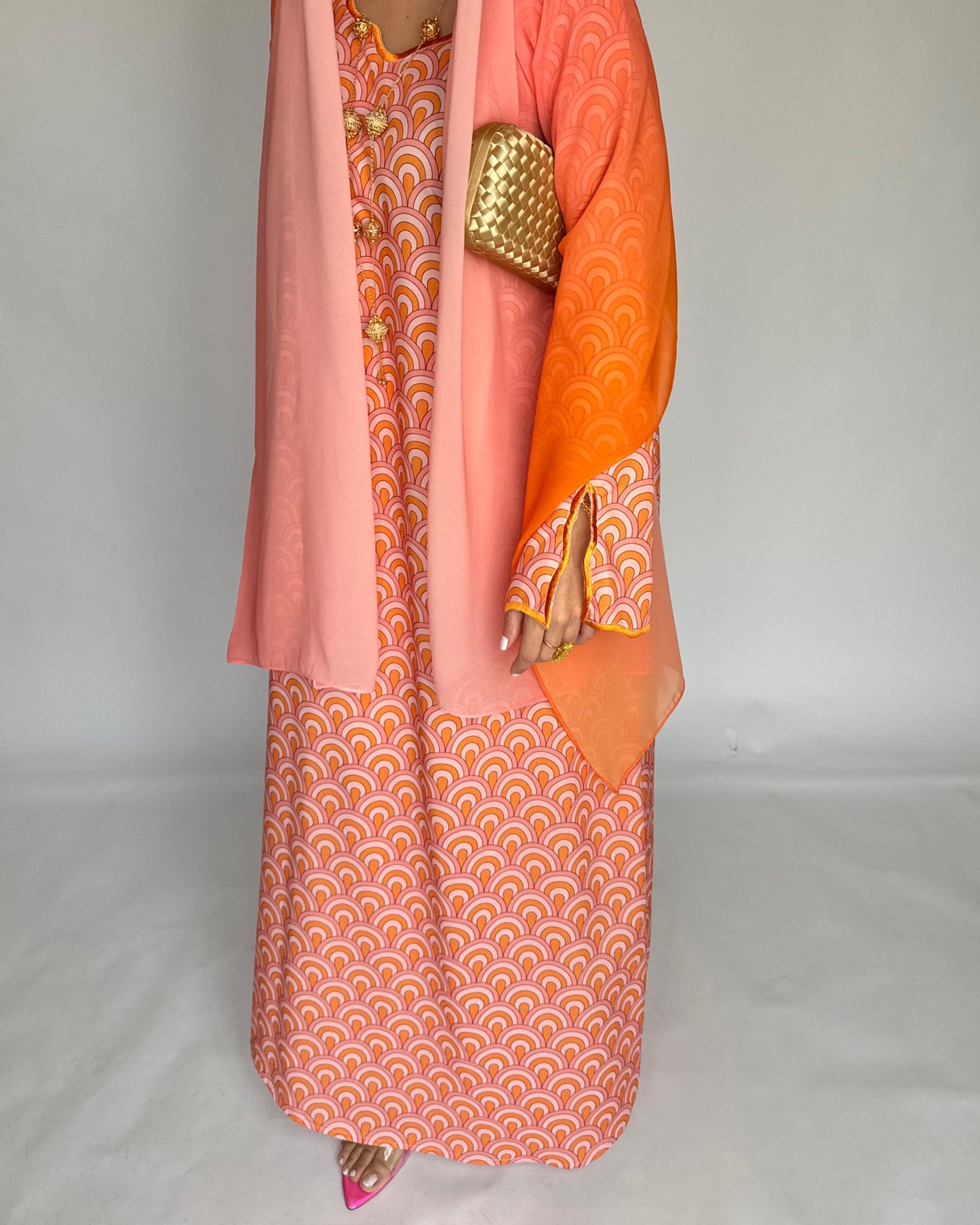 A333 -  Pink & Orange Pattern Jalabiya and Ombre Head Scarf