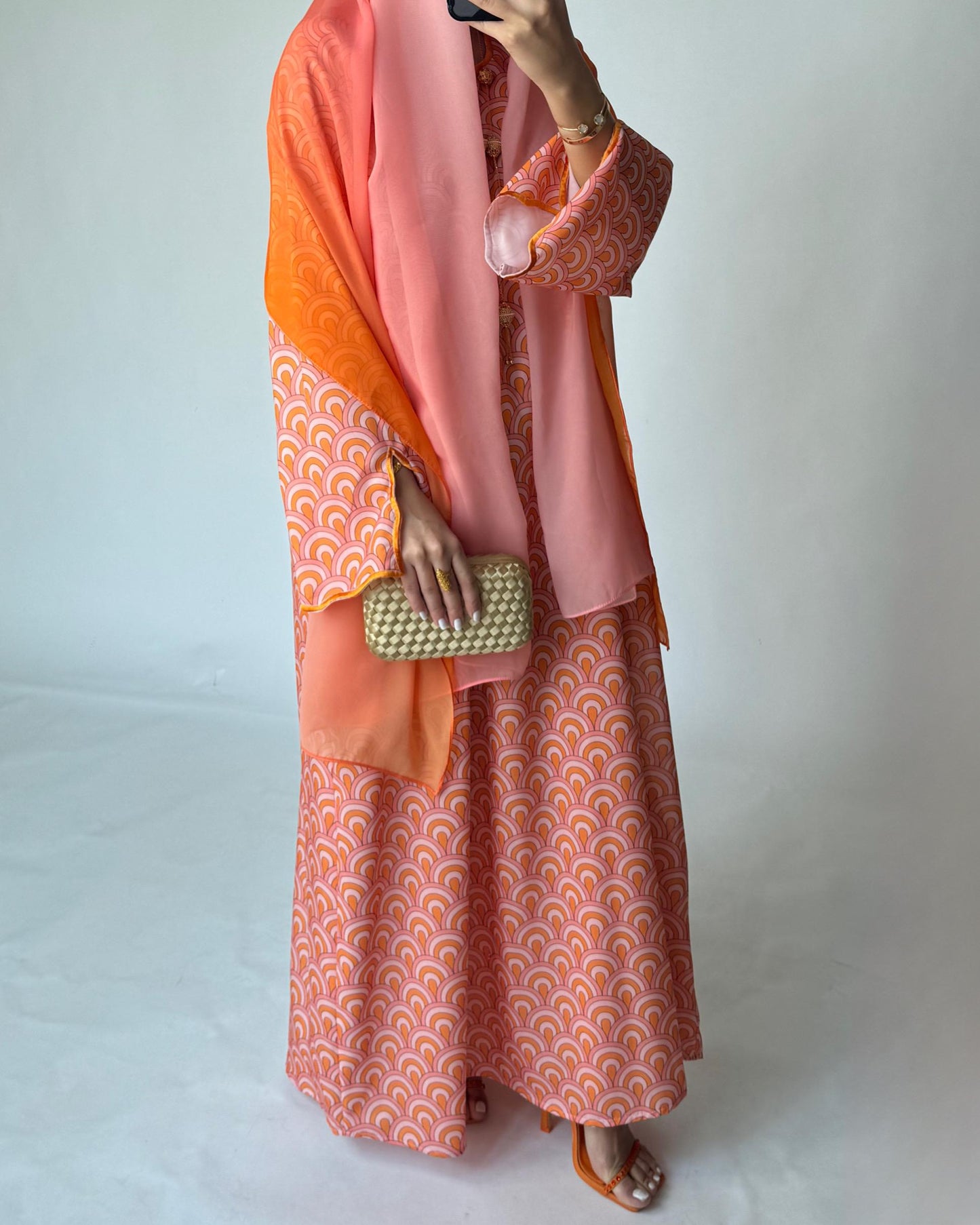A333 -  Pink & Orange Pattern Jalabiya and Ombre Head Scarf