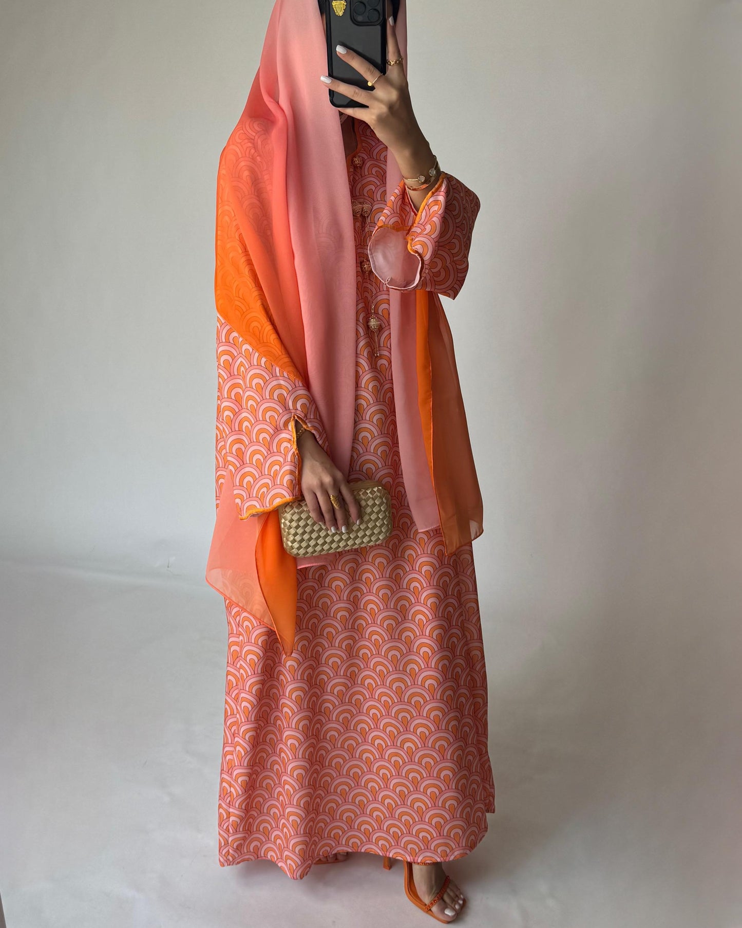 A333 -  Pink & Orange Pattern Jalabiya and Ombre Head Scarf