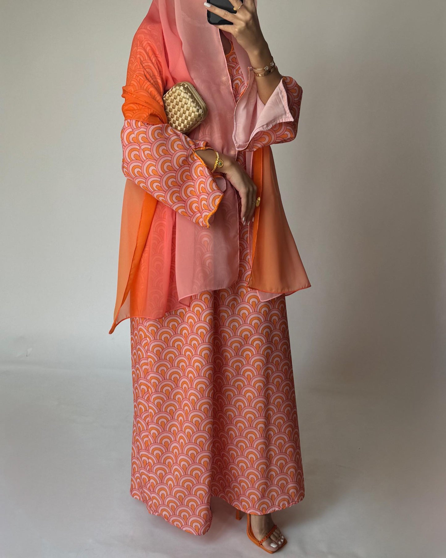 A333 -  Pink & Orange Pattern Jalabiya and Ombre Head Scarf