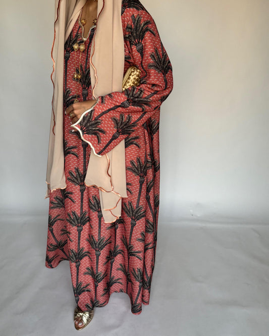 A345 - Pink & Cream Palm Tree Pattern Jalabiya and Head Scarf