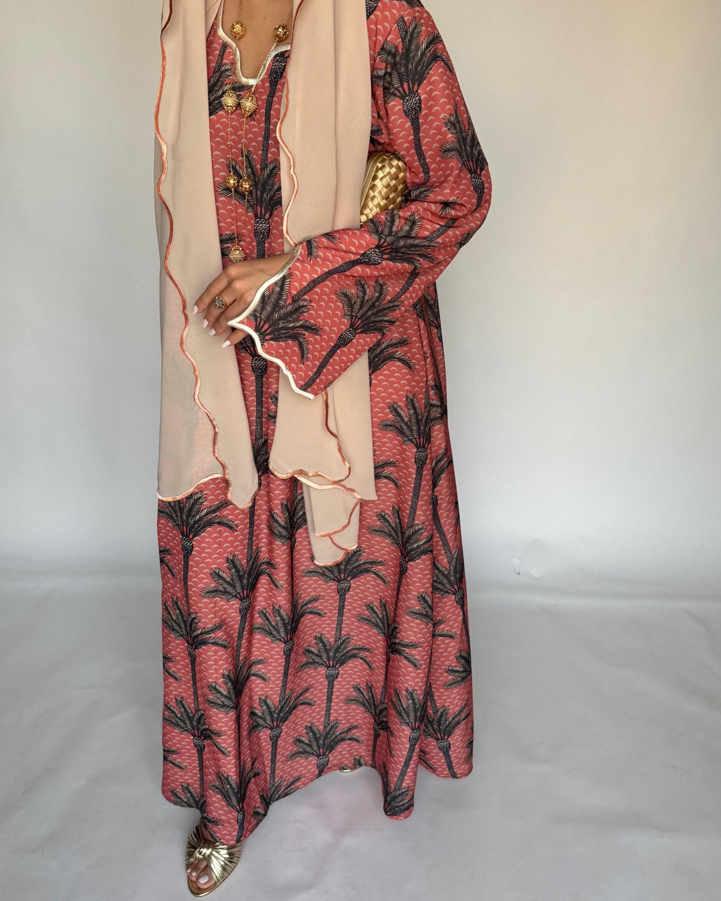 A345 - Pink & Cream Palm Tree Pattern Jalabiya and Head Scarf