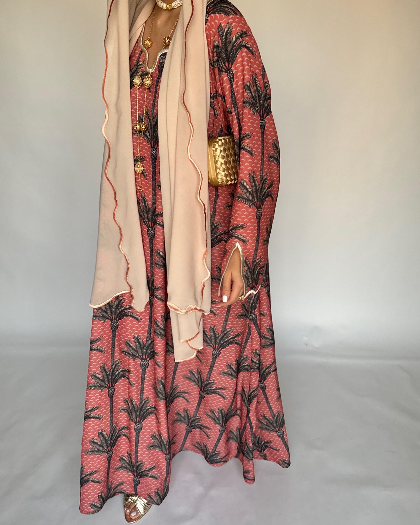 A345 - Pink & Cream Palm Tree Pattern Jalabiya and Head Scarf