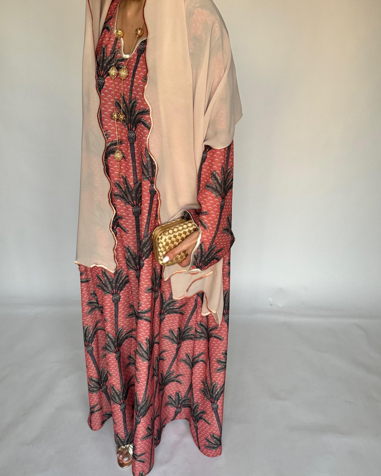 A345 - Pink & Cream Palm Tree Pattern Jalabiya and Head Scarf