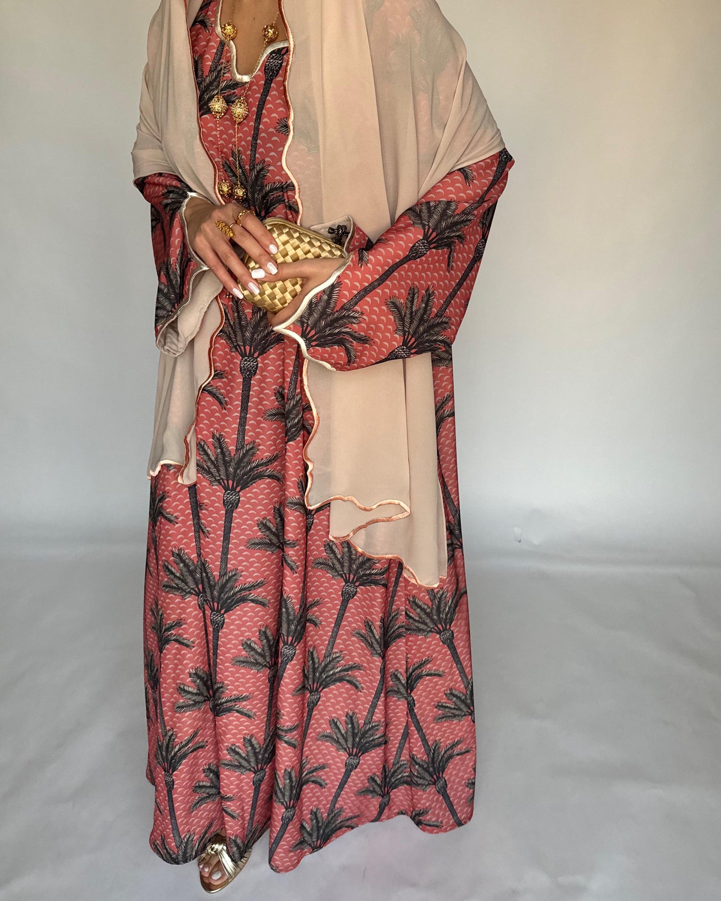 A345 - Pink & Cream Palm Tree Pattern Jalabiya and Head Scarf