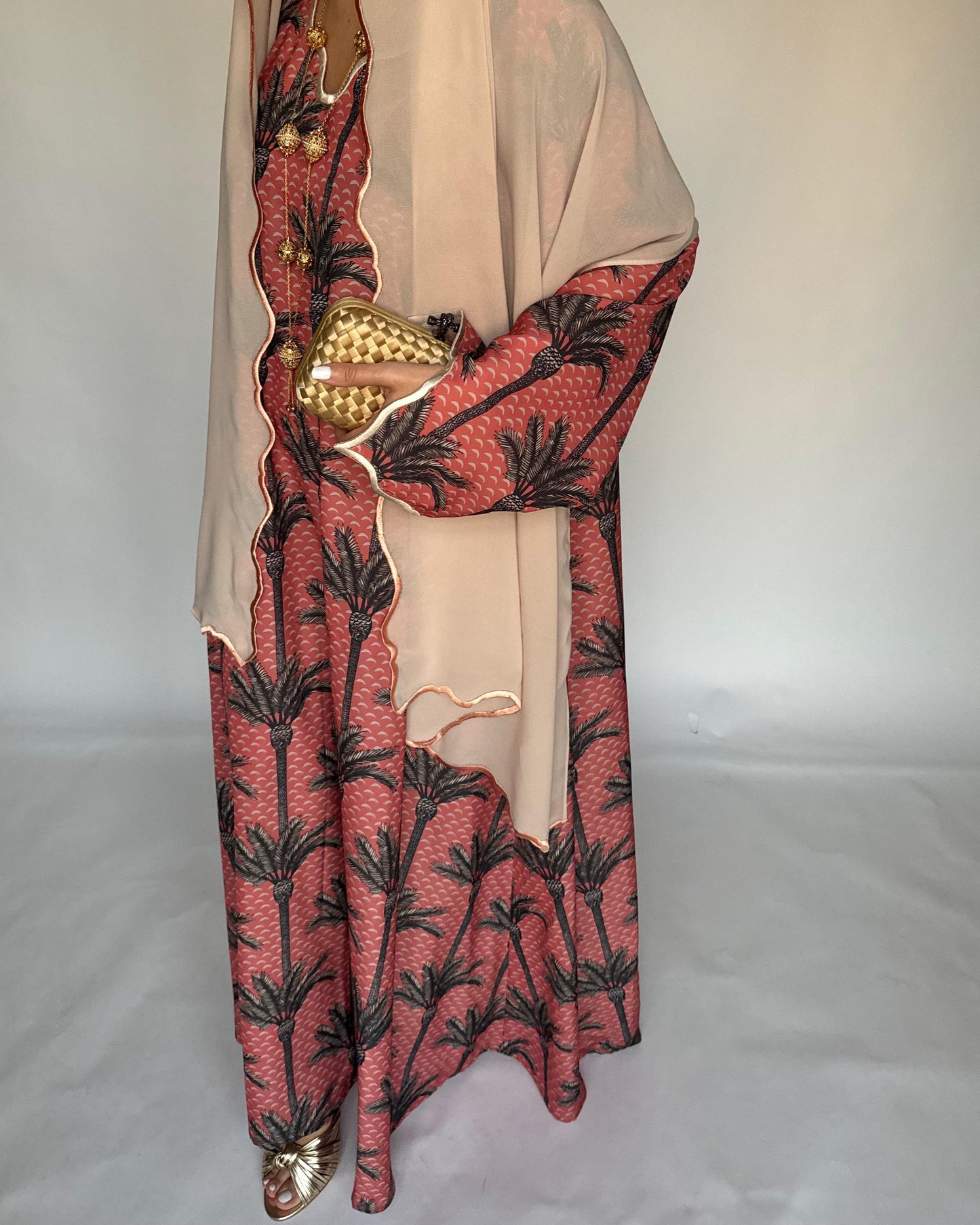 A345 - Pink & Cream Palm Tree Pattern Jalabiya and Head Scarf