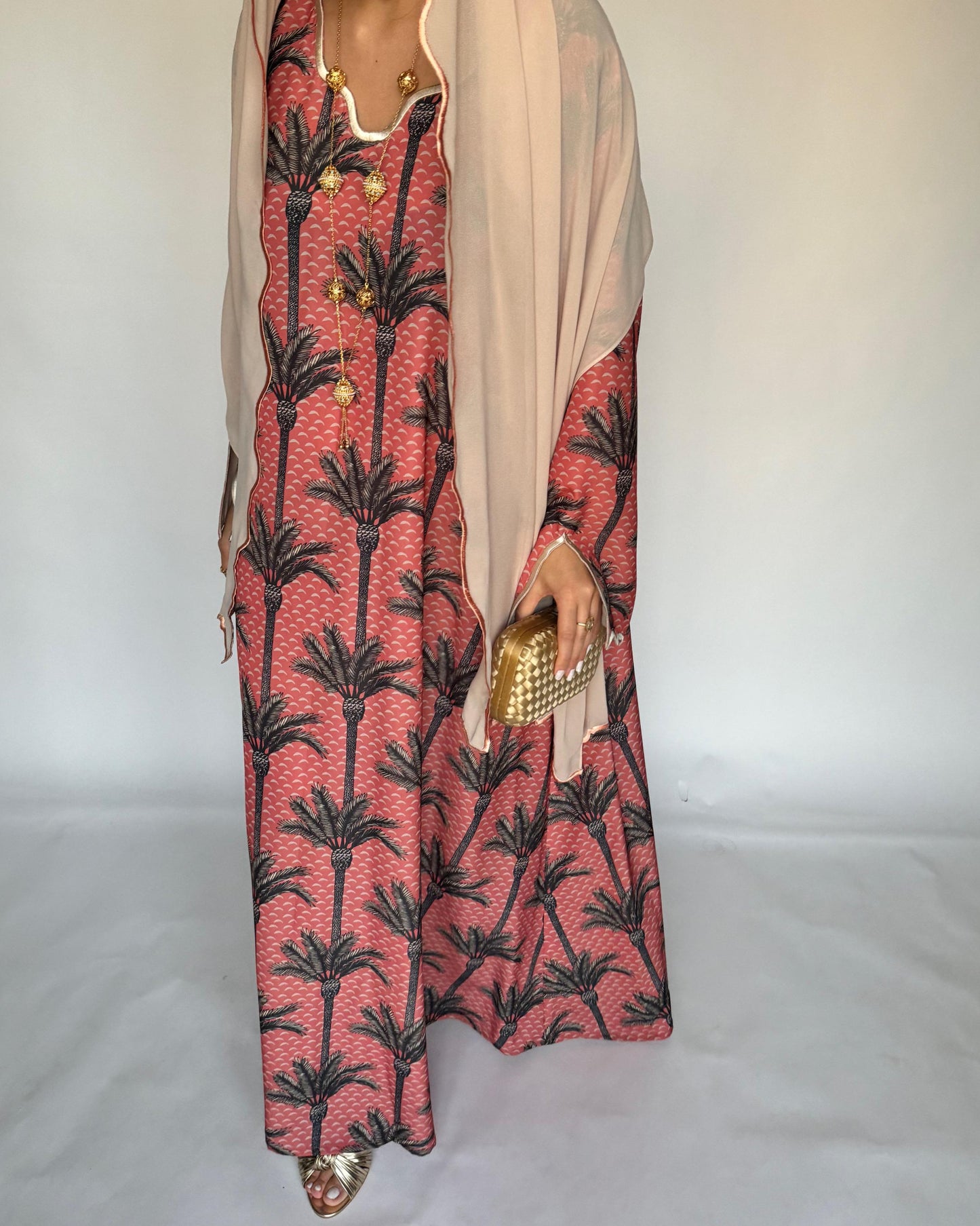 A345 - Pink & Cream Palm Tree Pattern Jalabiya and Head Scarf