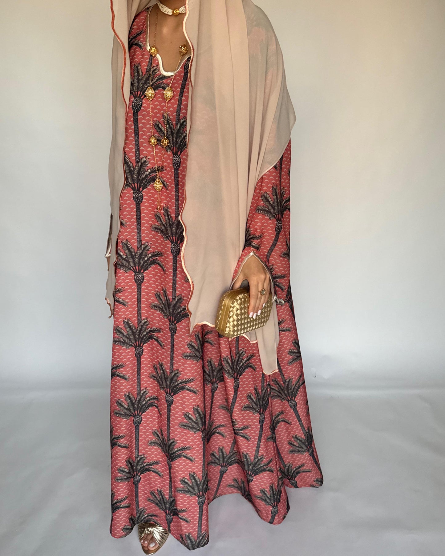A345 - Pink & Cream Palm Tree Pattern Jalabiya and Head Scarf