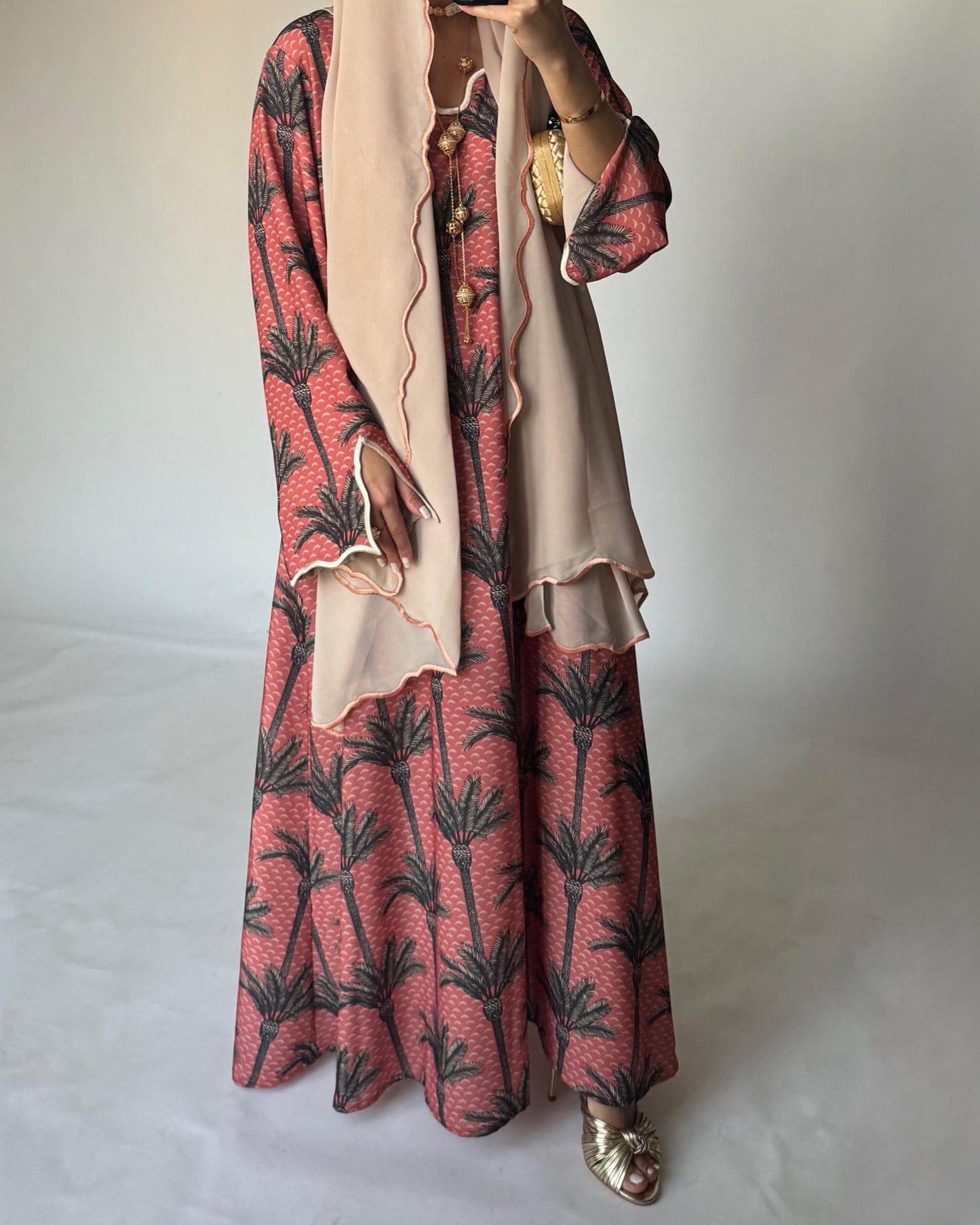A345 - Pink & Cream Palm Tree Pattern Jalabiya and Head Scarf