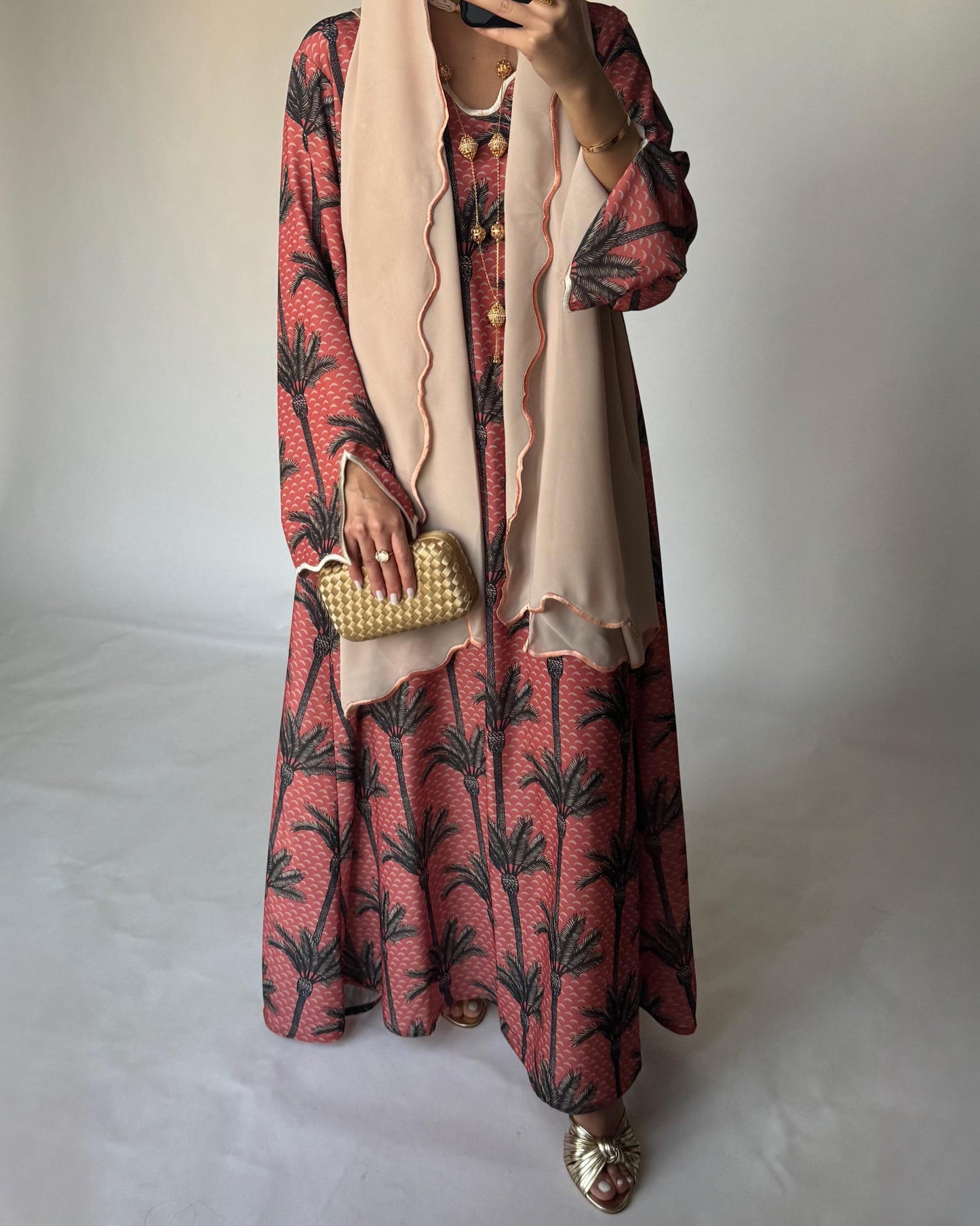 A345 - Pink & Cream Palm Tree Pattern Jalabiya and Head Scarf