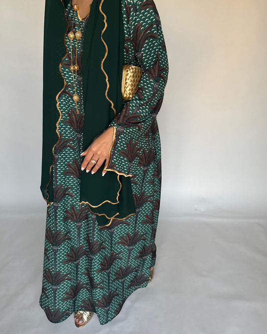 A342 - Forest Green & Brown Palm Tree Pattern Jalabiya and Head Scarf