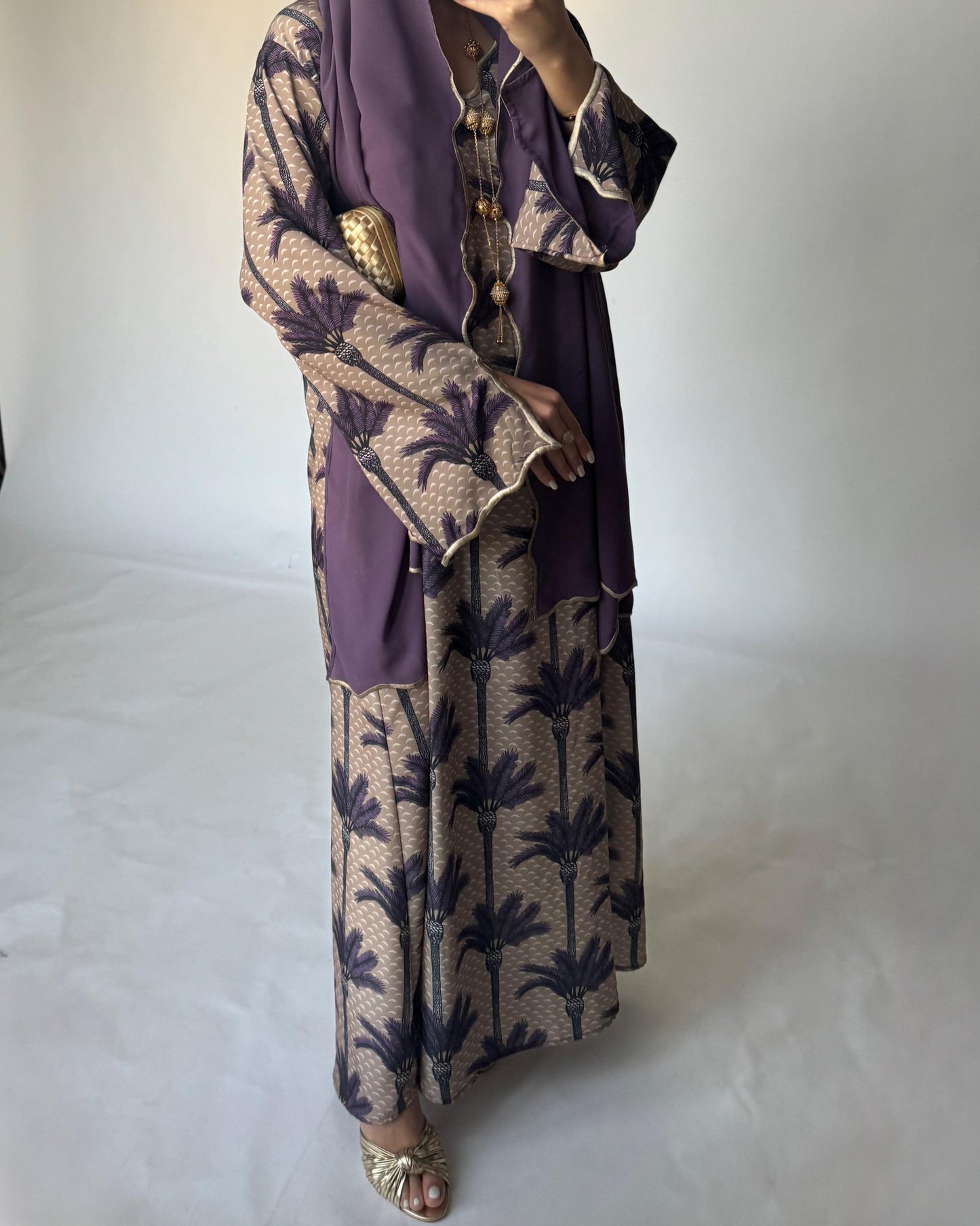 A343 - Dark Beige & Purple Palm Tree Pattern Jalabiya and Head Scarf